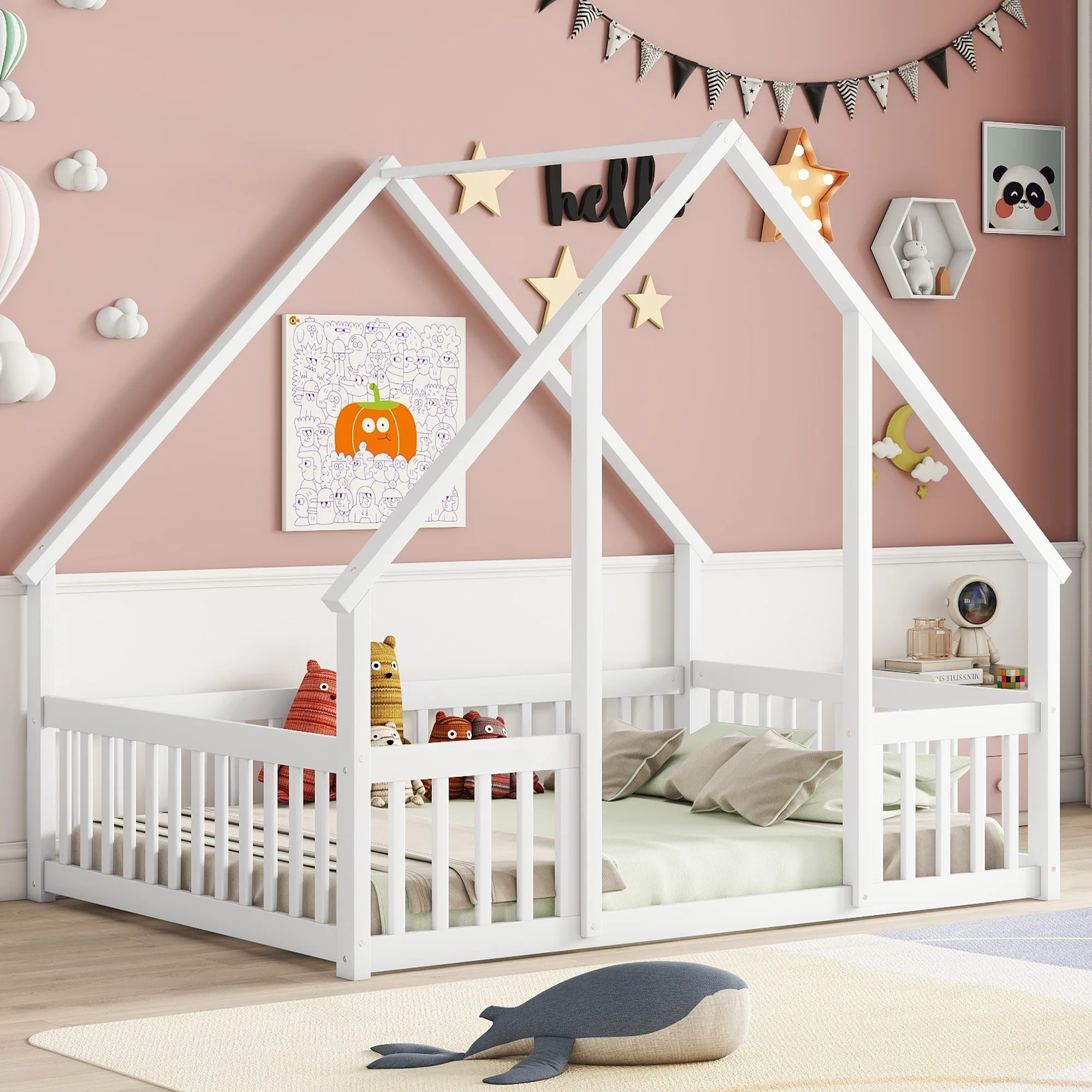 Bellemave Twin Size Floor Bed Frame, Wooden House Bed Twin Size with Fence, Montessori Bed with Guardrails for Bedroom (White) - Image 20