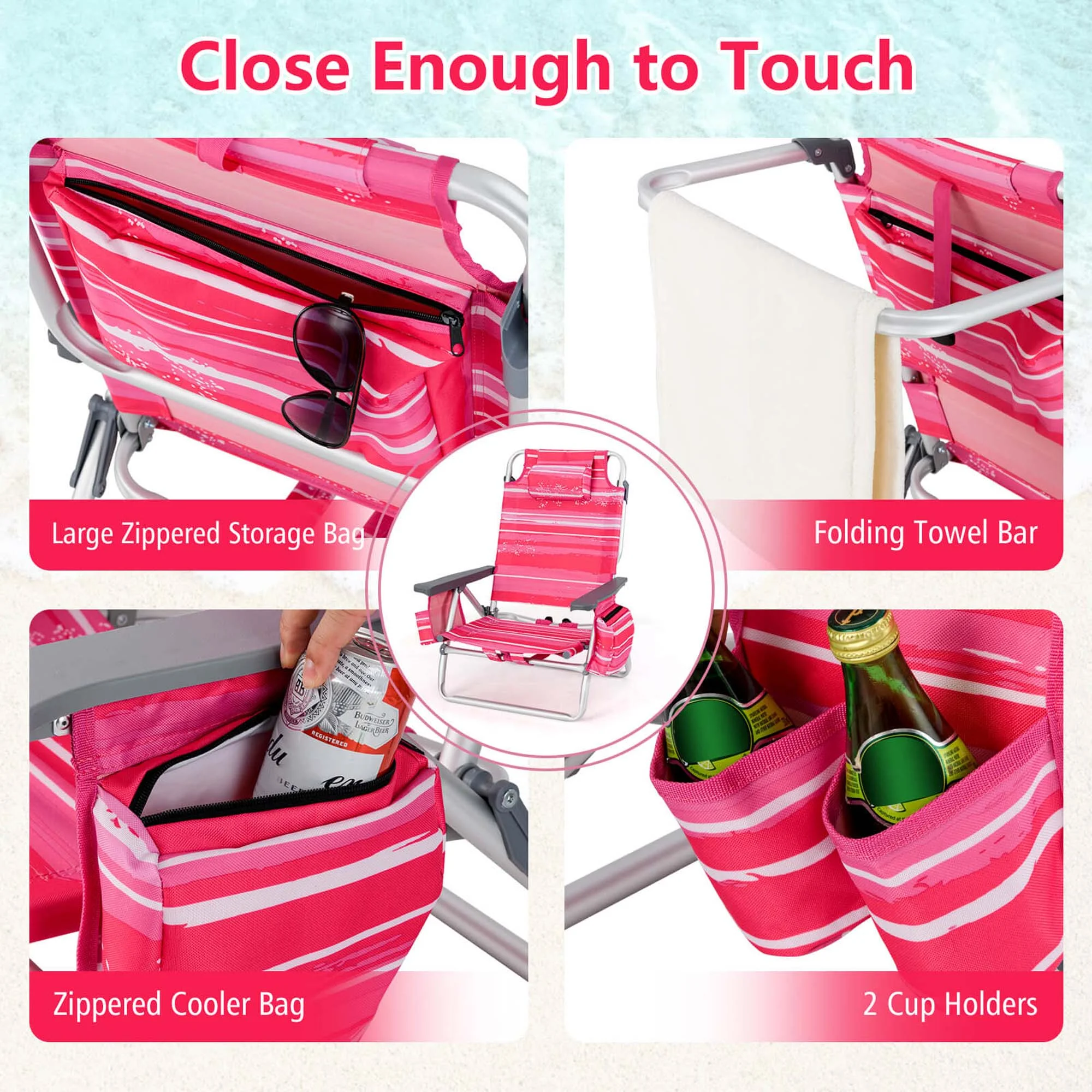 Costway 2-Pack Folding Backpack Beach Chair Table Set 5-Position Outdoor Reclining Chair Pink - Image 63