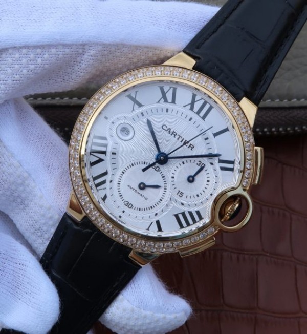 Replica Cartier Ballon Bleu De Cartier Chrono YG White Dial Diamonds Bezel A8101 - Elite Watch Atelier