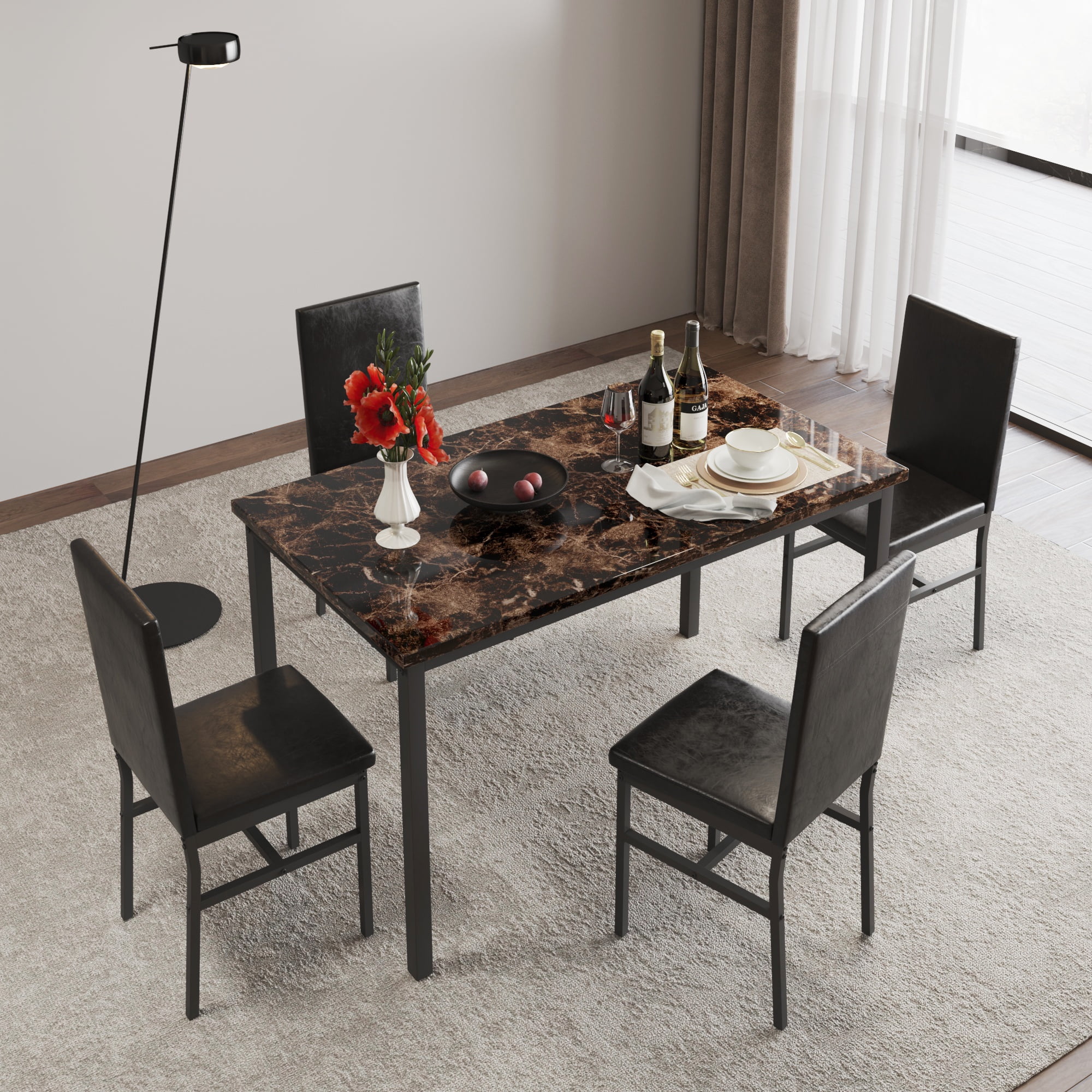 5 Piece Dining Set, Modern Dining Table and Chairs Set for 4, Counter Height Bar Table Set, Modern Pub Table with 4 Velvet Fabric Cushioned Stools, Faux Marble Dining Table & Stools Set, D9297 - Image 53