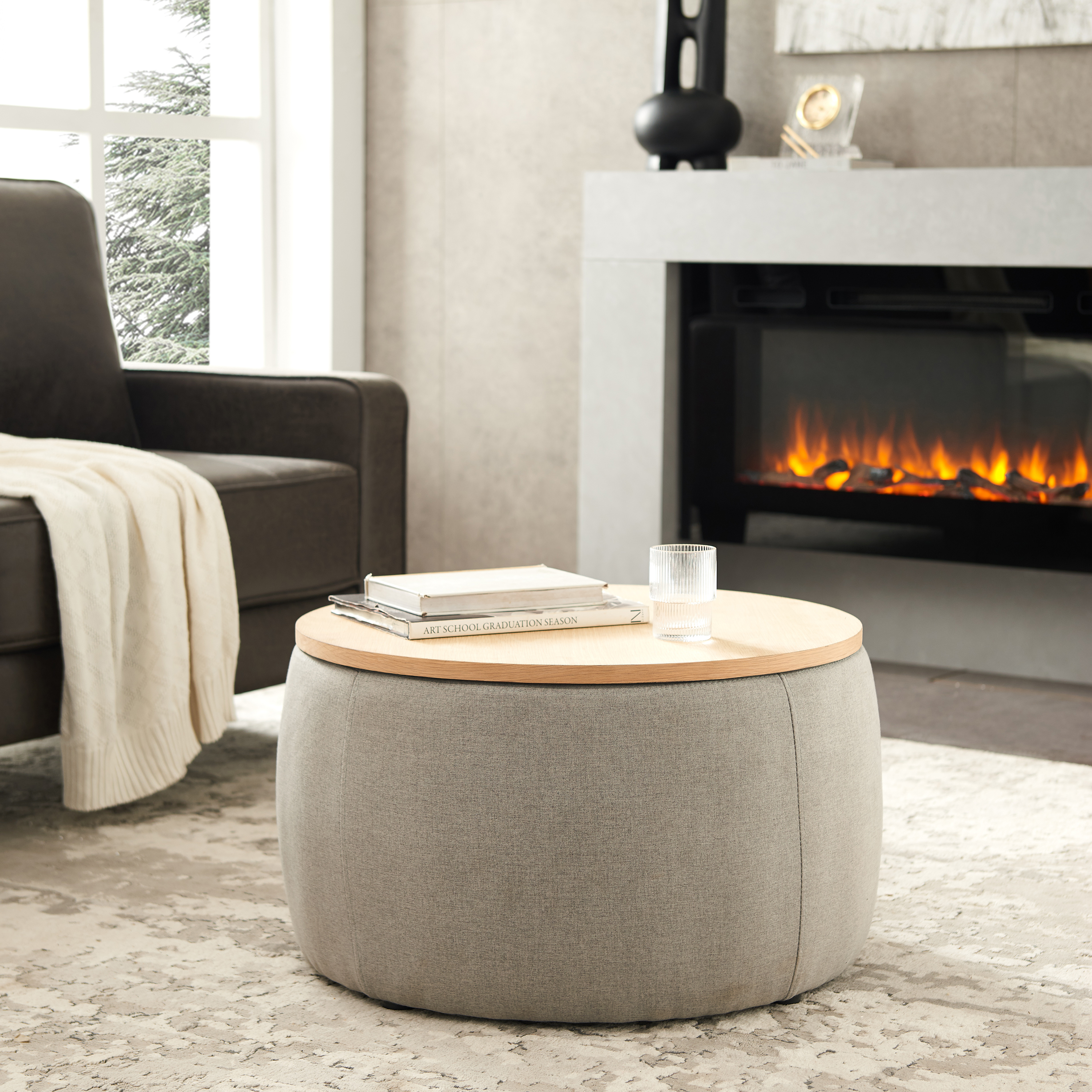 BTMWAYRound Coffee Table, 2 in 1 Round Storage Ottoman with Reversible Lid Tray, Upholstered Round Storage Ottoman Coffee Table with Storage, Footstool End Table for Living Room, Bedroom, Light Gray - Image 6