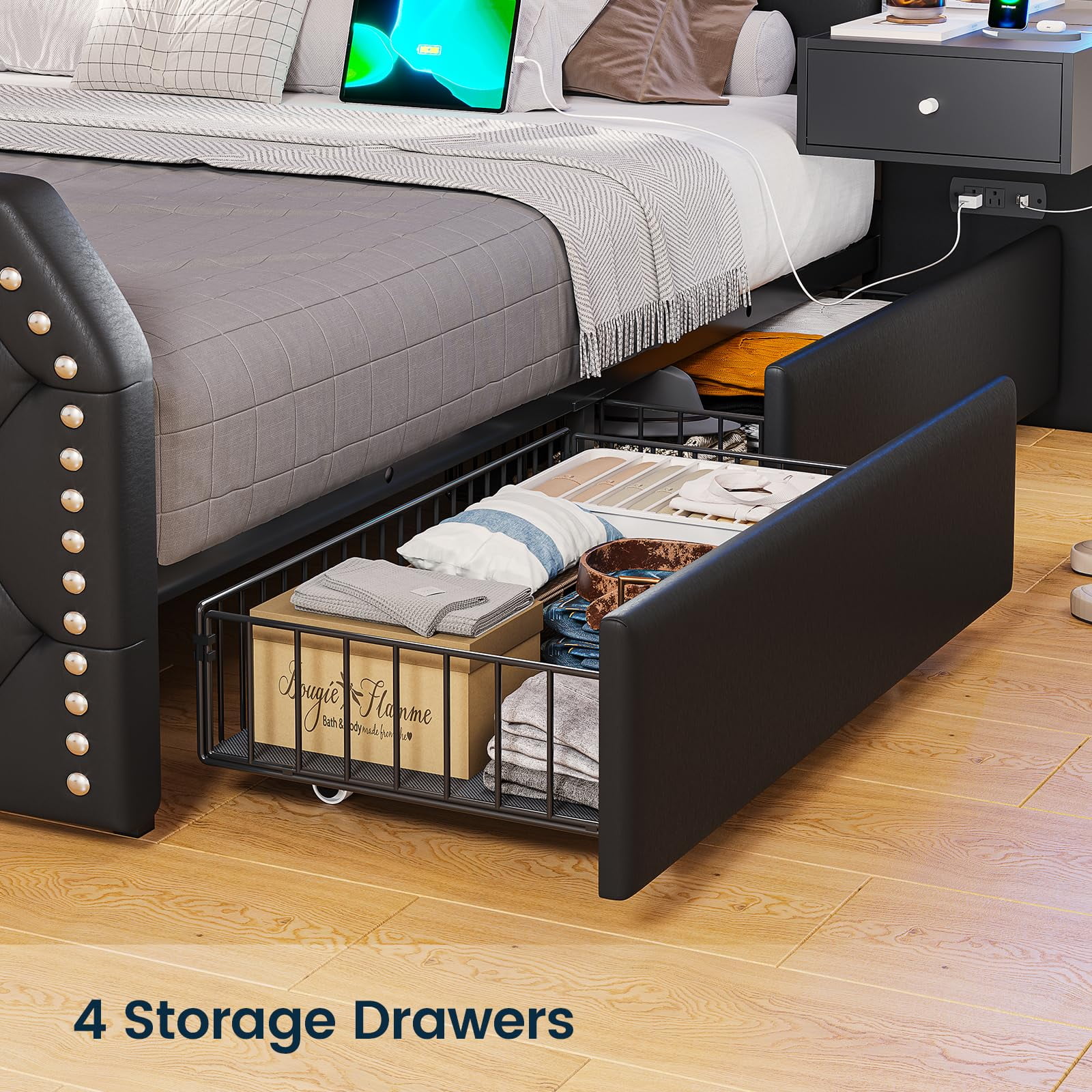 Queen Bed Frame with 2 Nighstands, Power Outlets and 4 Drawers, Upholstered Bed with Vanity Tables and Mirrors, Modern Velvet Tufted Platform Bed with Headboard & Footboard, Black - Image 7