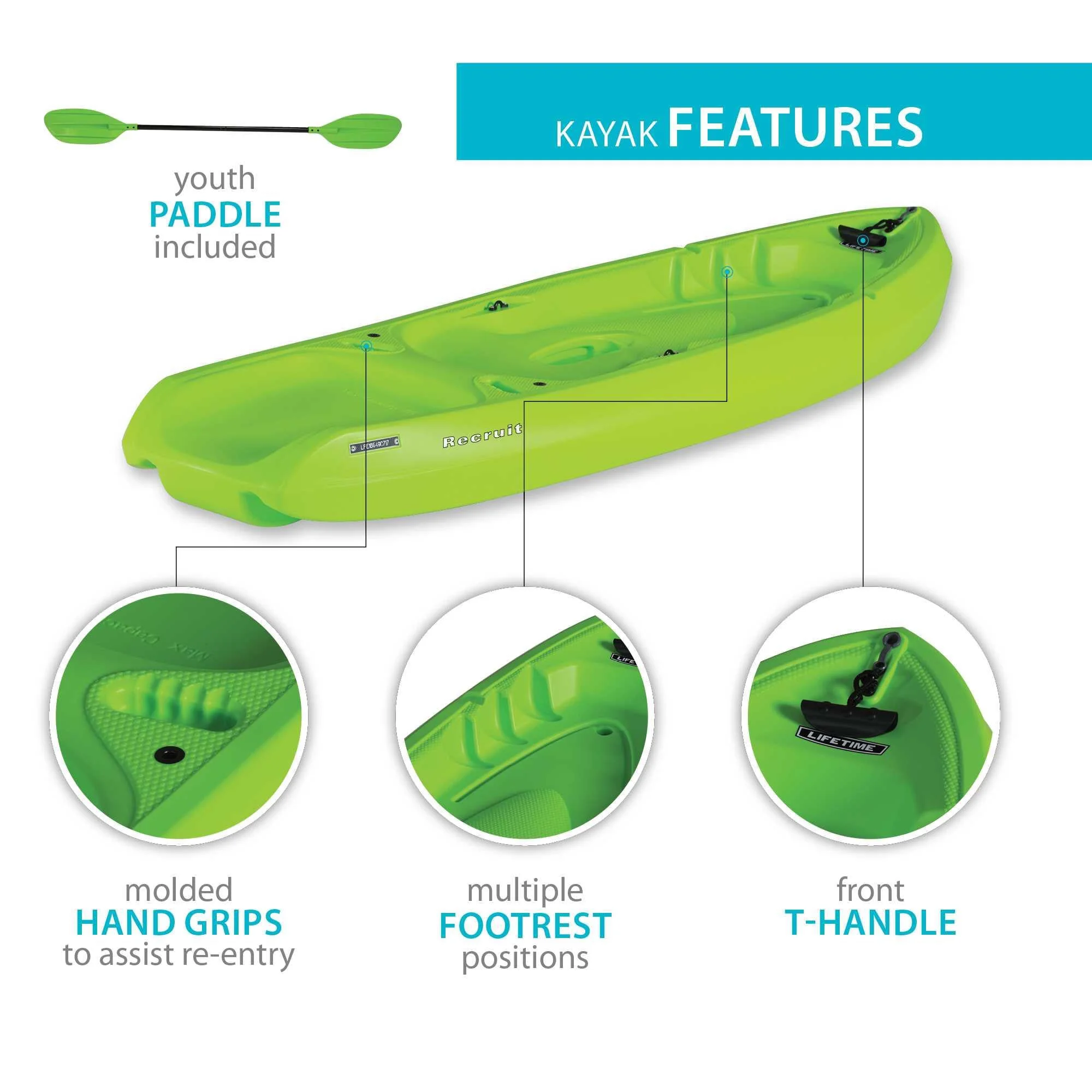 Lifetime Recruit 6.5 ft Youth Sit-on-Top Kayak, Lime Green (90765) - Image 11