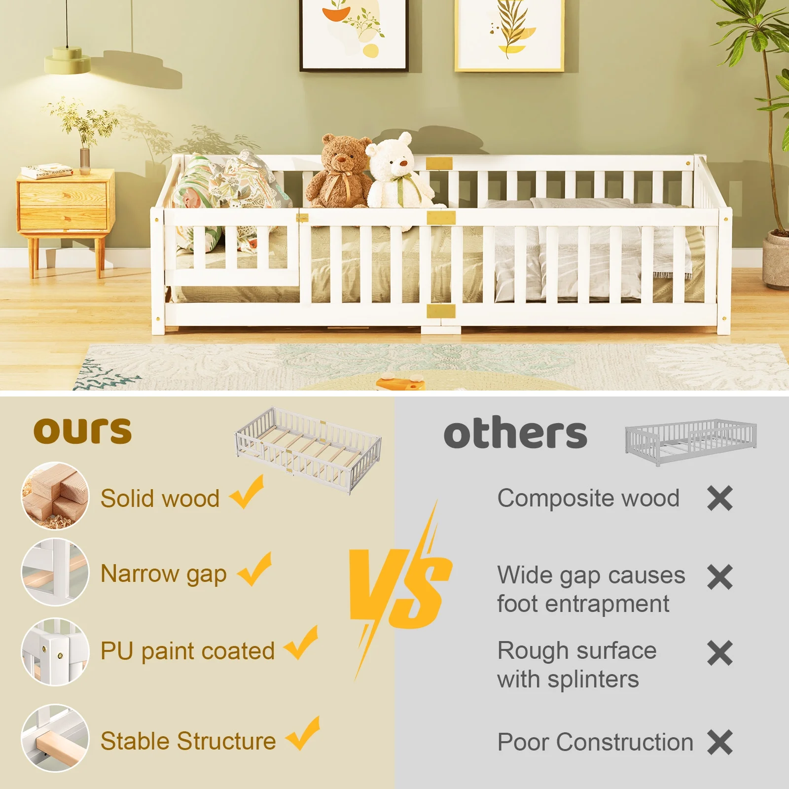 Slsy Twin Size Toddler Floor Bed, Solid Wood Montessori Bed Frame with Fence & Door Montessori Floor Bed Crib with Safety Guardrails for Girls and Boys - Image 11