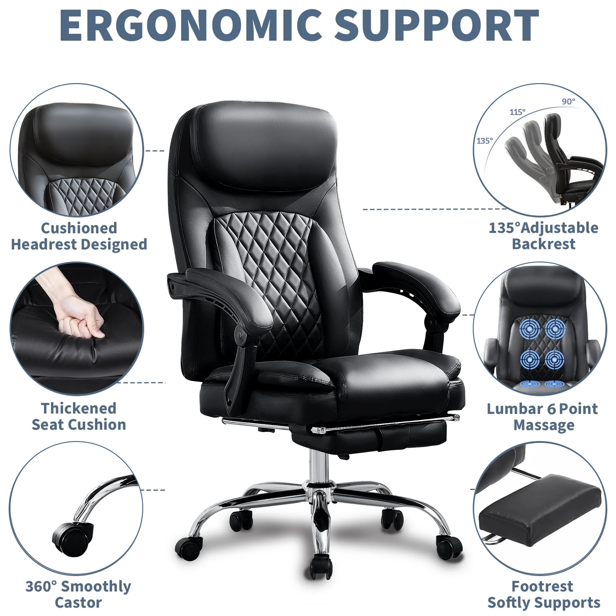 JONPONY Big and Tall Office Chair 500LBS Executive Office Chair Massage and Footrest Ergonomic Computer Desk Chair Reclining High Back Leather Office Chair Lumbar Back Support Swivel Rolling,Black - Image 15