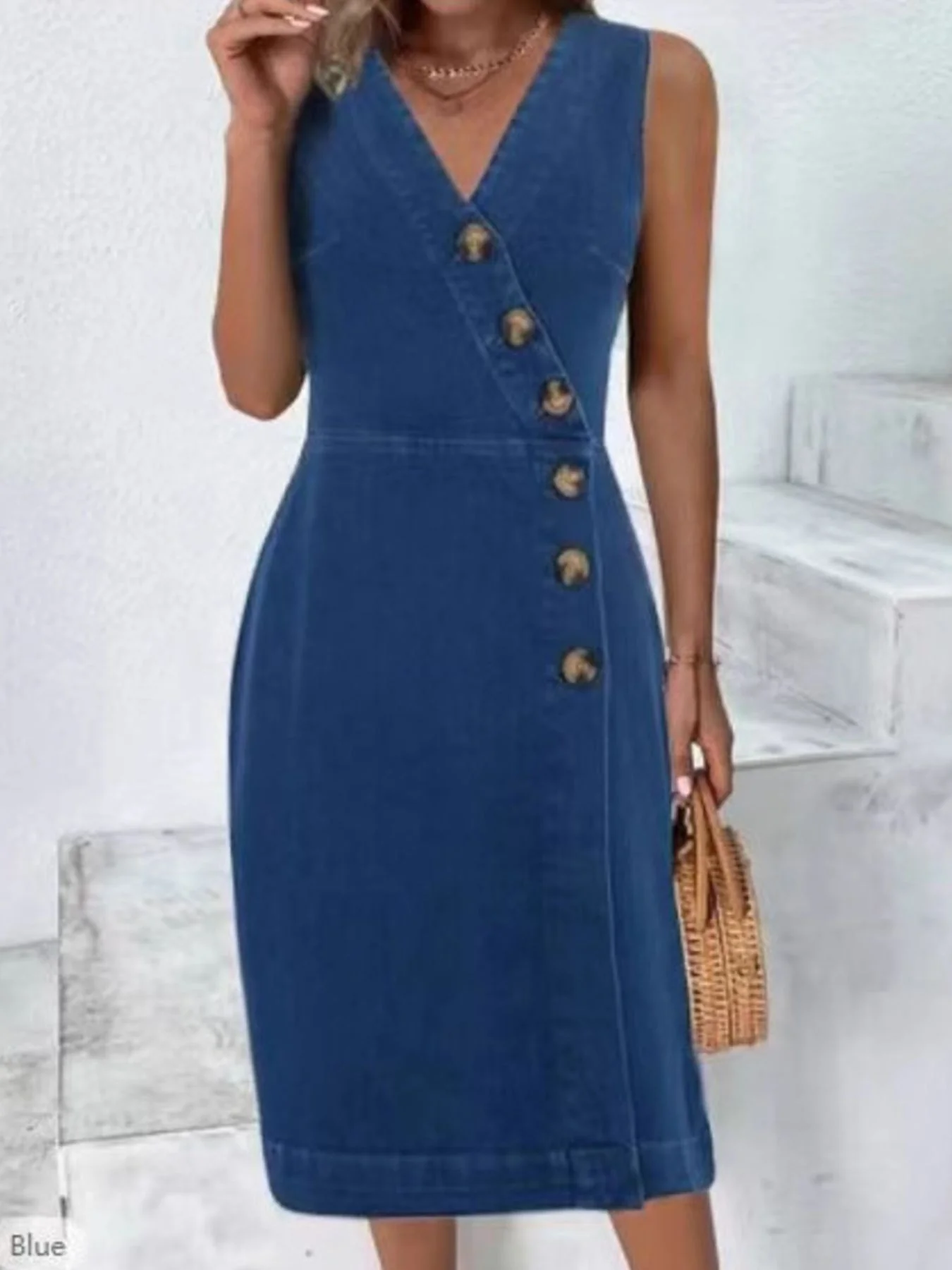 Button-Front Casual Sleeveless Denim Dress - ZKZOOK