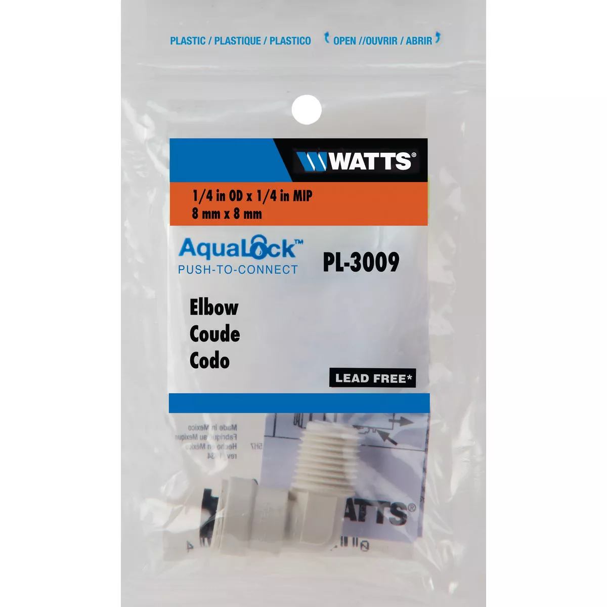 Watts Aqualock 1/4 In. OD x 1/4 In. MNPT 90 Deg. Push-to-Connect Plastic Elbow (1/4 Bend)