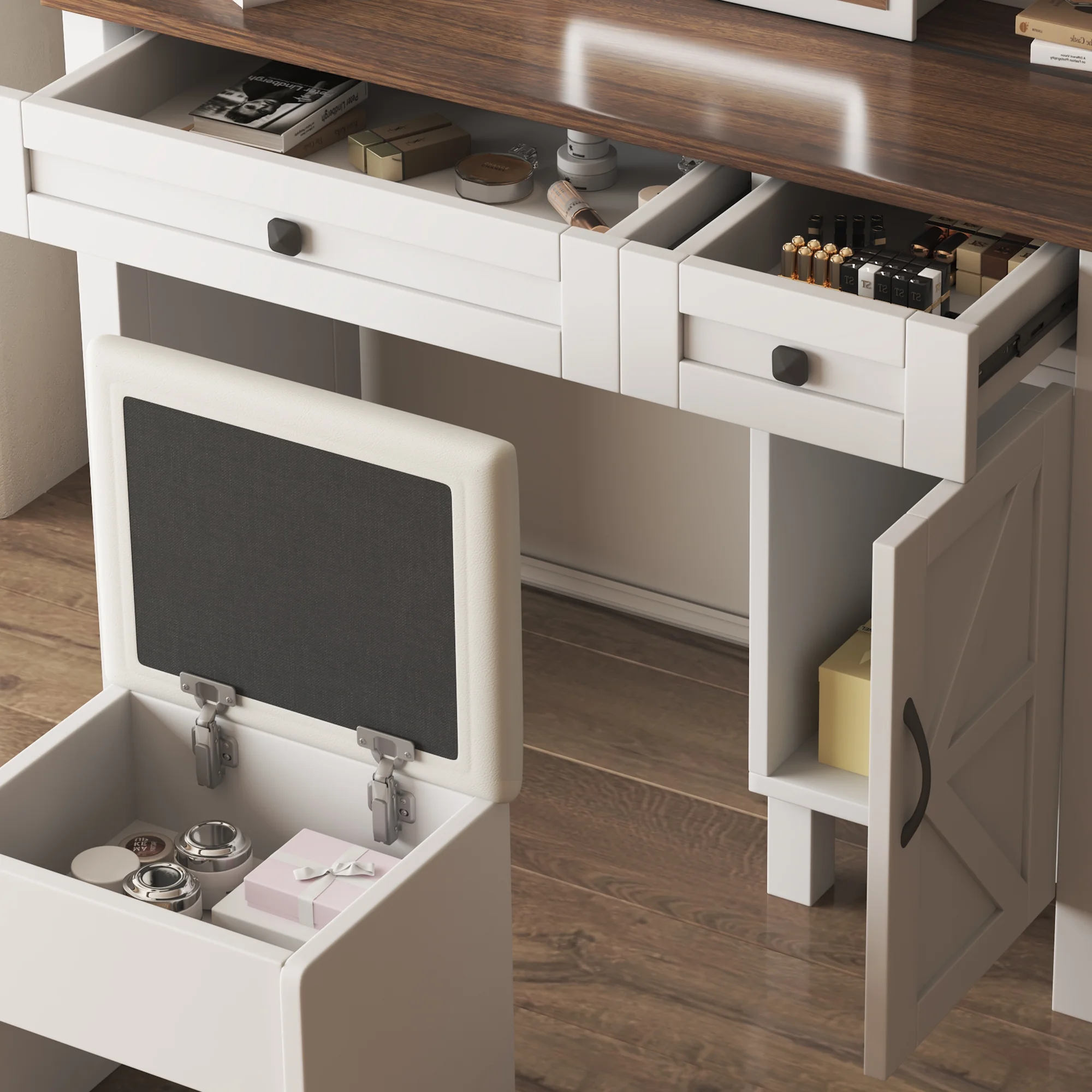Montary Modern Mini Vanity w/Adjustable LED Mirror + Hidden Storage, Padded Stool & Dustproof Shelves (White) - Image 79
