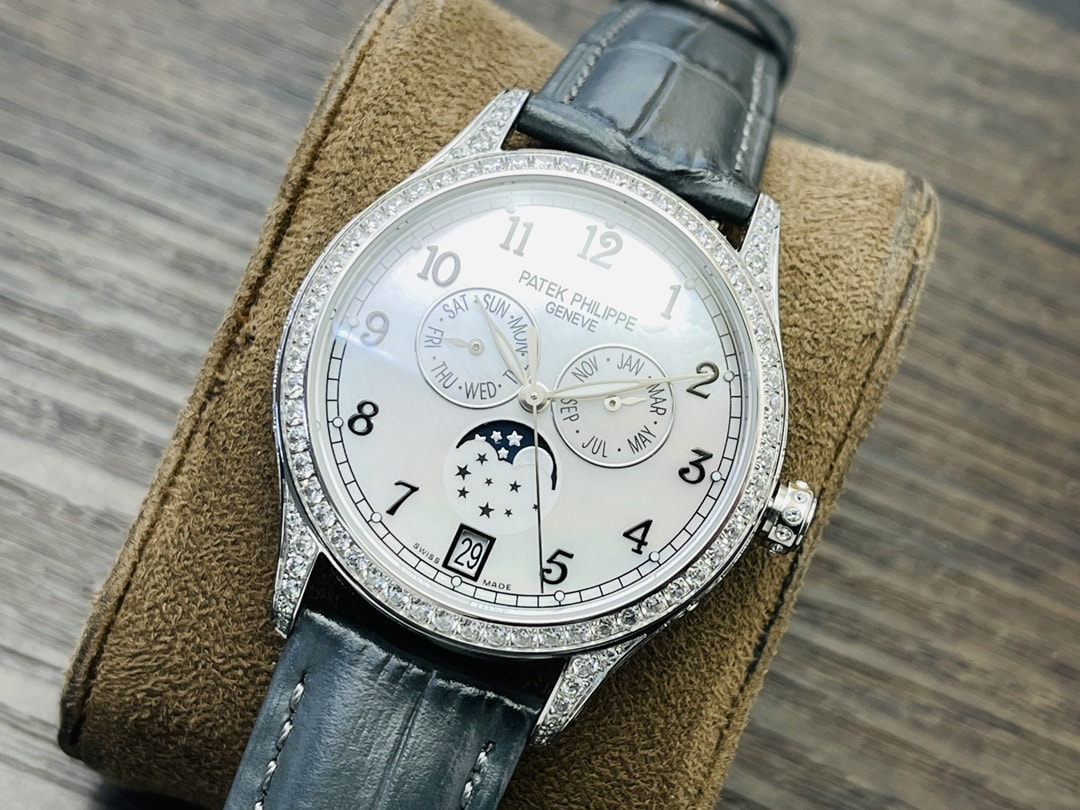 Fake Diamond Watch Patek Philippe Replica Complications Annual Calendar Moon Phases White Gold White Mother of Pearl Dial 38mm Diamond Bezel 4948G-010(1:1 replica) - Top club