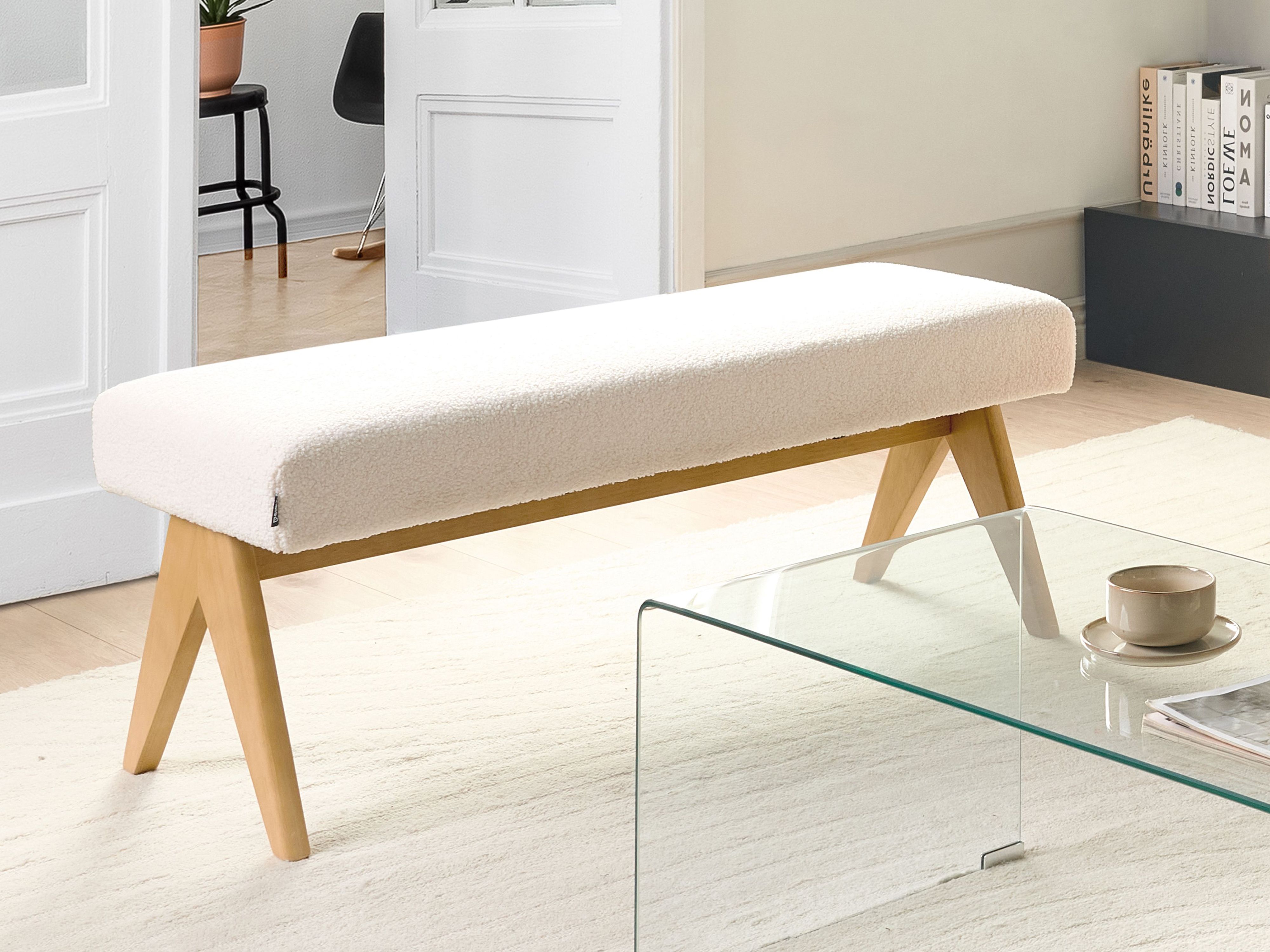 Upholstered Bench TAMRE Boucle Off-White/ Light Brown