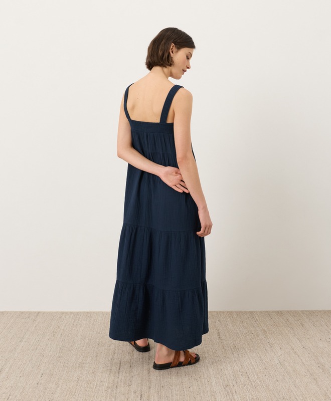 Organic Coastal Double Gauze Strappy Tiered Maxi Dress - Navy