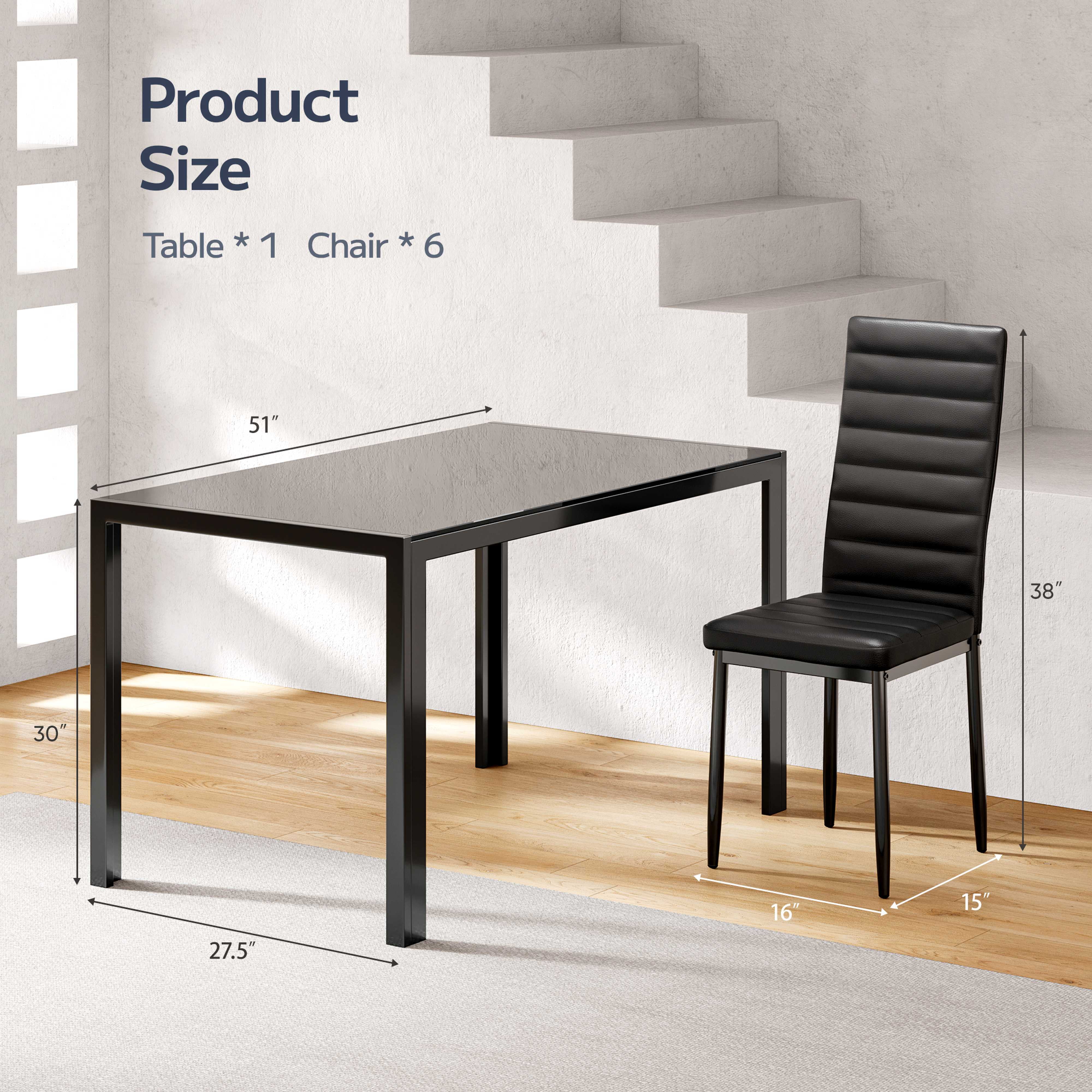 Asofer Modern 7 Piece Dining Table Sets for 6, Glass Kitchen Table, PU Leather Chair, Dining Room, Black - Image 4