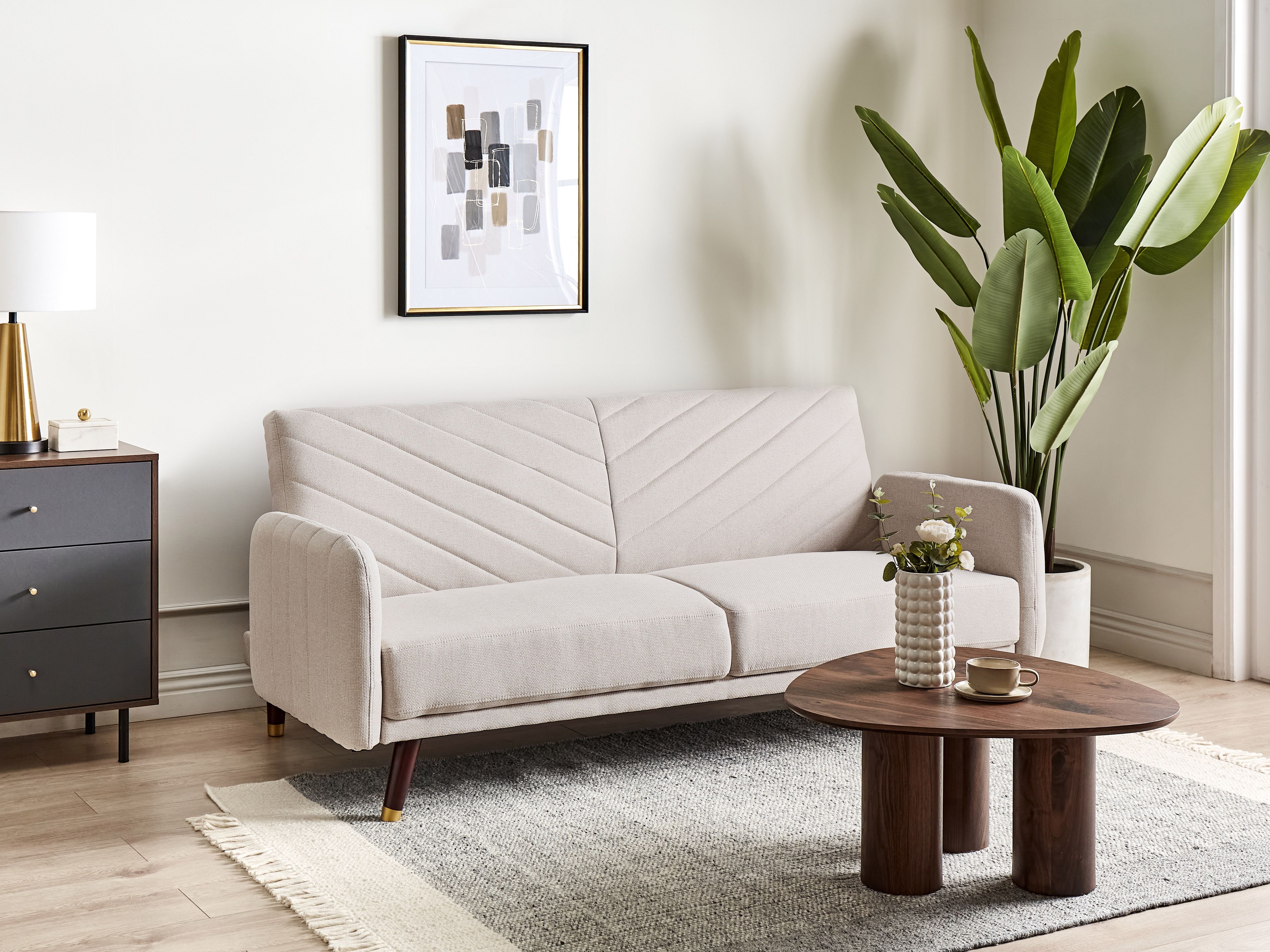 Sofa Bed 3 Seater SENJA Faux Linen Light Beige