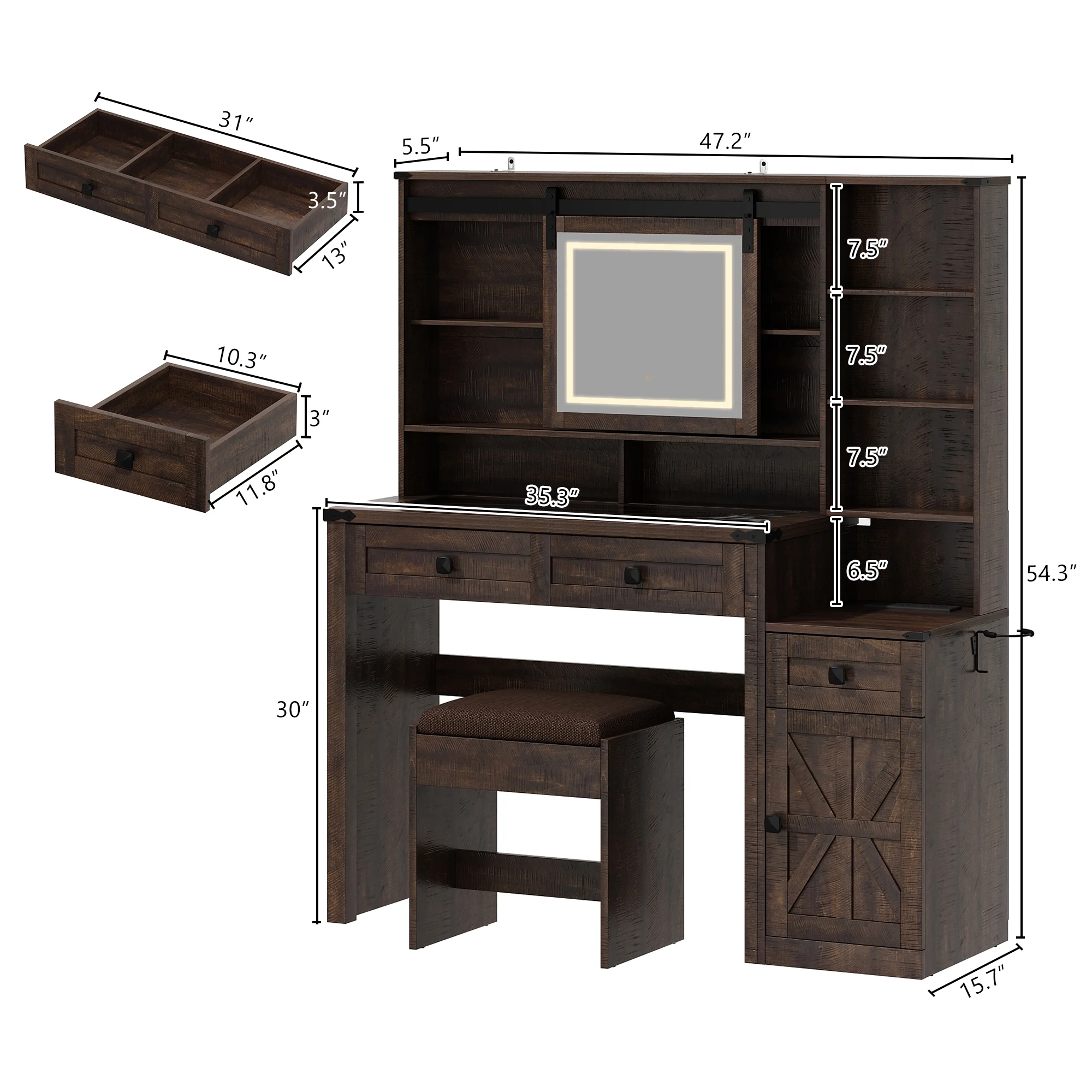 Blotout 47.2" Farmhouse Rustic Makeup Vanity Desk with Sliding Mirror and Lights, Glass Top Vanity Set with Charging Station & 3 Drawers & 1 Cabinet & Stool, Big Vanity (White) - Image 17