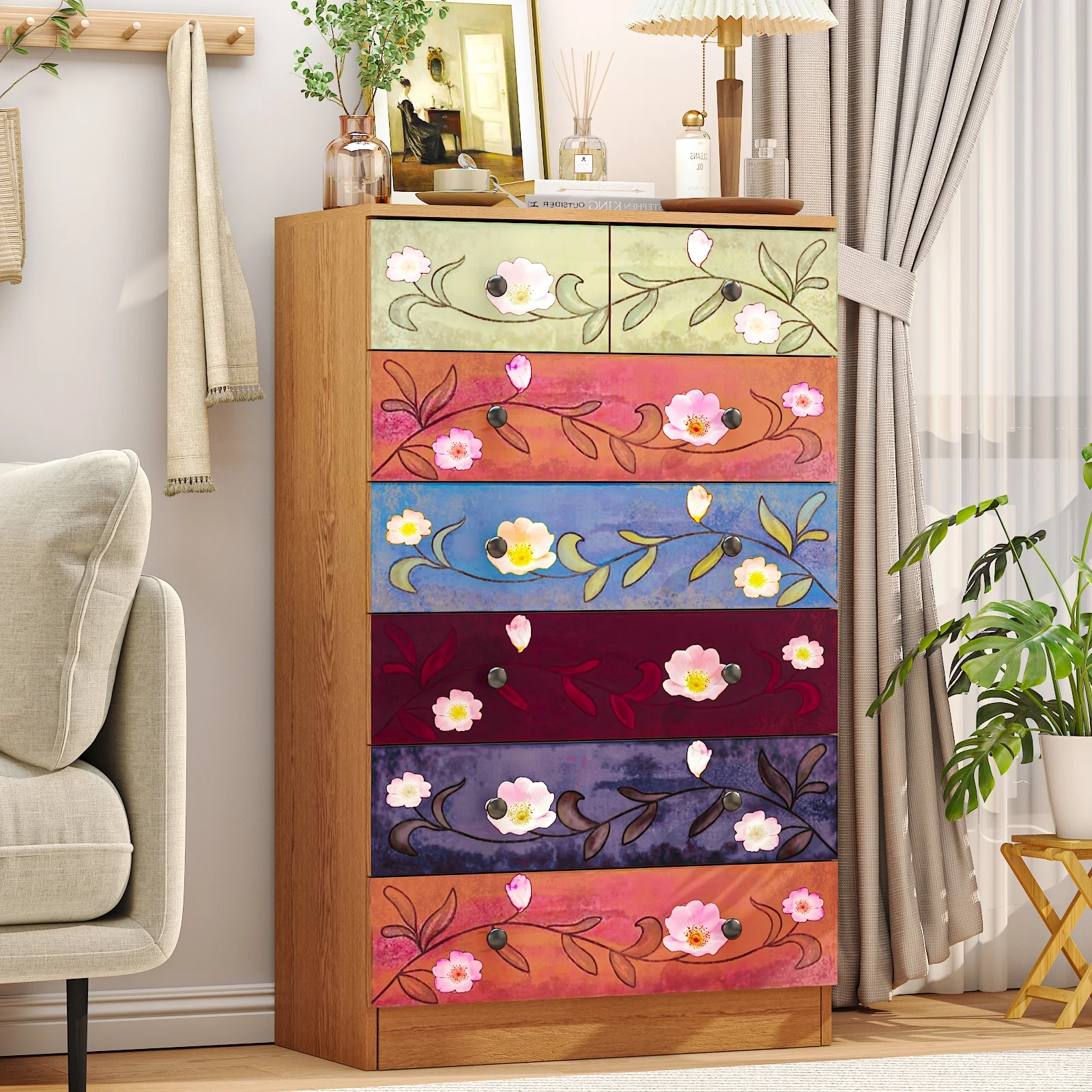 Ktaxon Wood 6-Drawer Dresser Organizer for Bedroom Storage Tower for Entryway Hallway Closet, Tall Chest Organizer Unit with Wood Bins, Floral Painted Wooden - Image 10