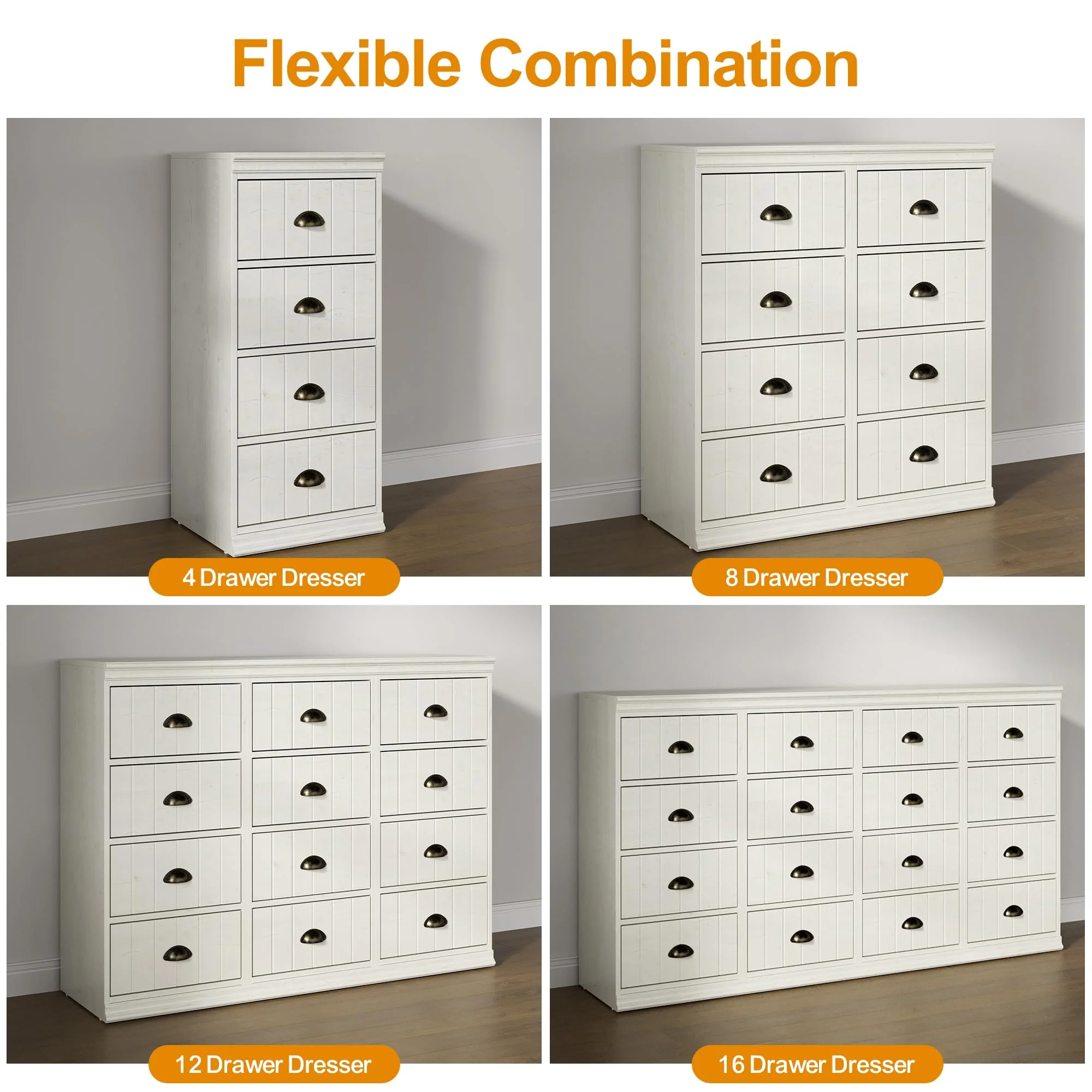 CozyHome Fluted Dresser Set of 2, White 4 Drawer Dresser with Bronze Metal Handles, Modern Dresser Organizer with Soft-Close Drawers, Chest of Drawers for Bedroom, Living Room, Entryway