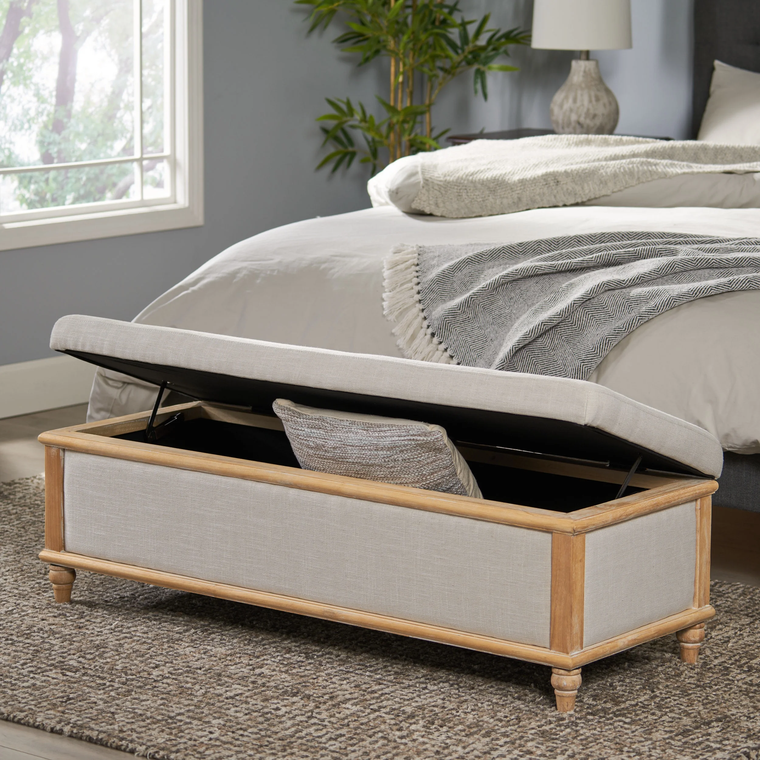 Noble House Hampton Contemporary Fabric Upholstered Storage Ottoman, White and Blue Floral - Image 84