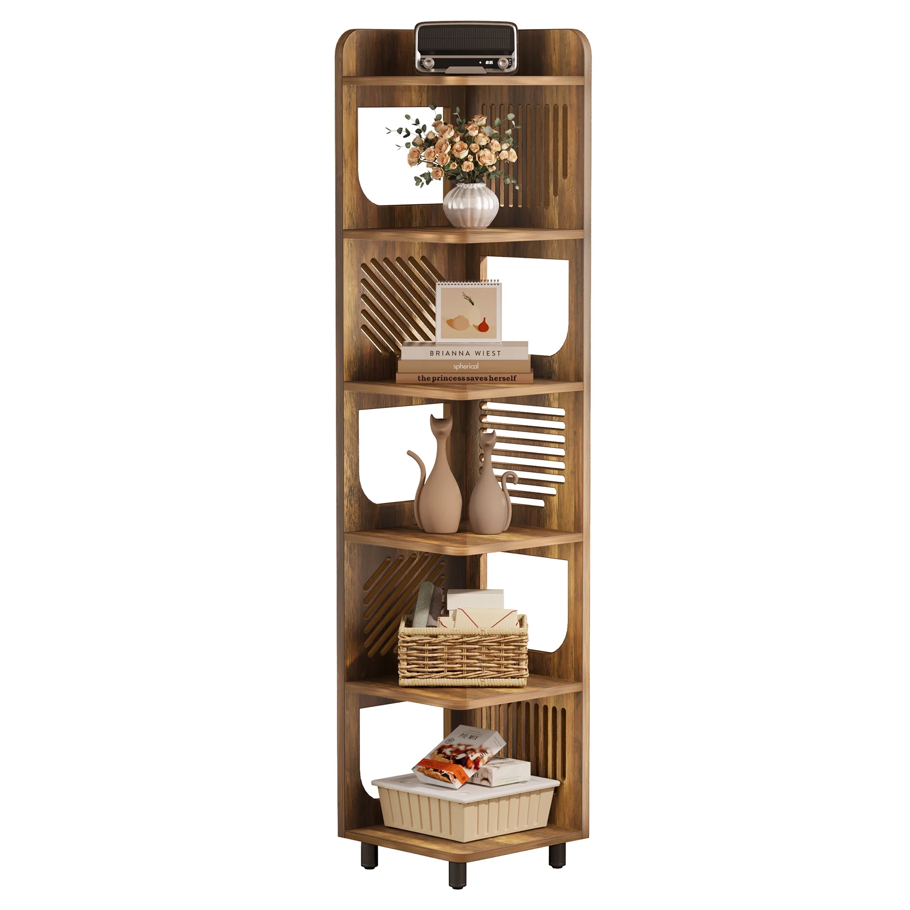 Fnova 71" 6-Tier Tall Corner Bookshelf, Rustic Wooden Narrow Corner Bookcase with Artistic Square Rack, Freestanding Display Storage Shelf for Space-Saving Home Organizing - Image 28