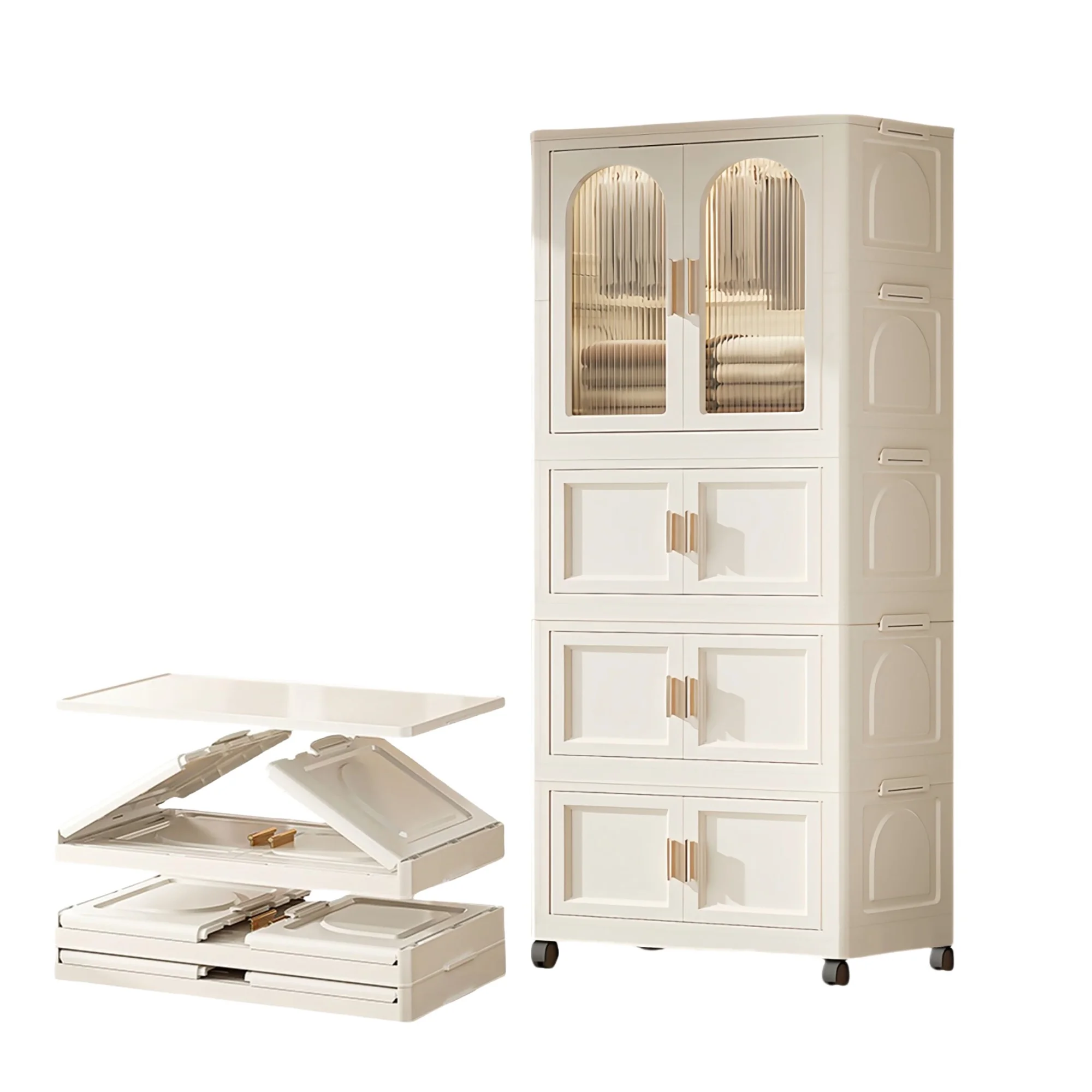 PORKISS Portable Wardrobe Closet, Folding Bedroom Armoire with Wheels, Plastic Storage Basket Can be Freely Combined (1 Layer of Wardrobe + 2 Layers of Folding Boxes+10 Hangers), Cream White-57.09"H - Image 18