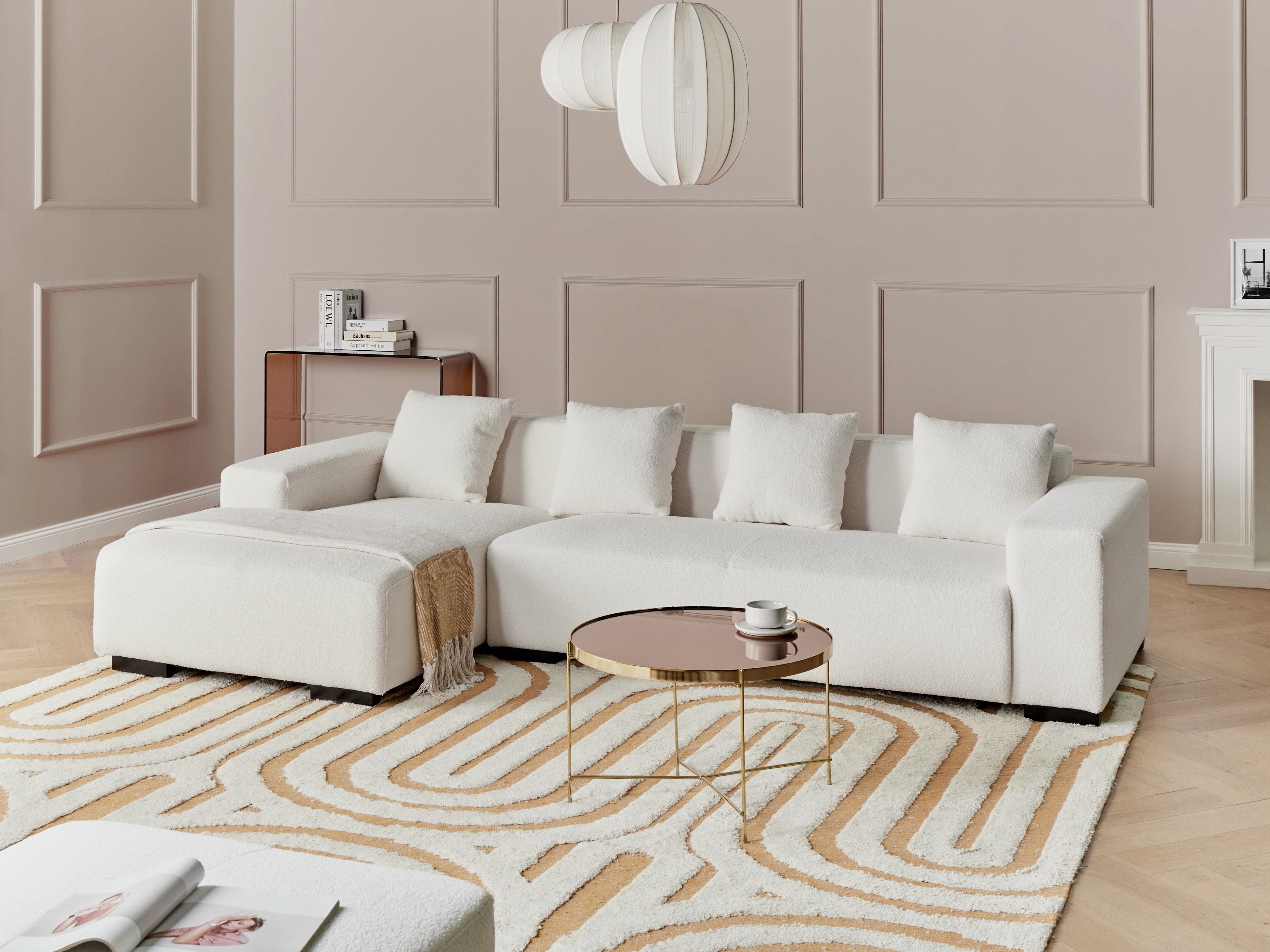 Corner Sofa 4 Seater LUNGO Boucle White Right Hand