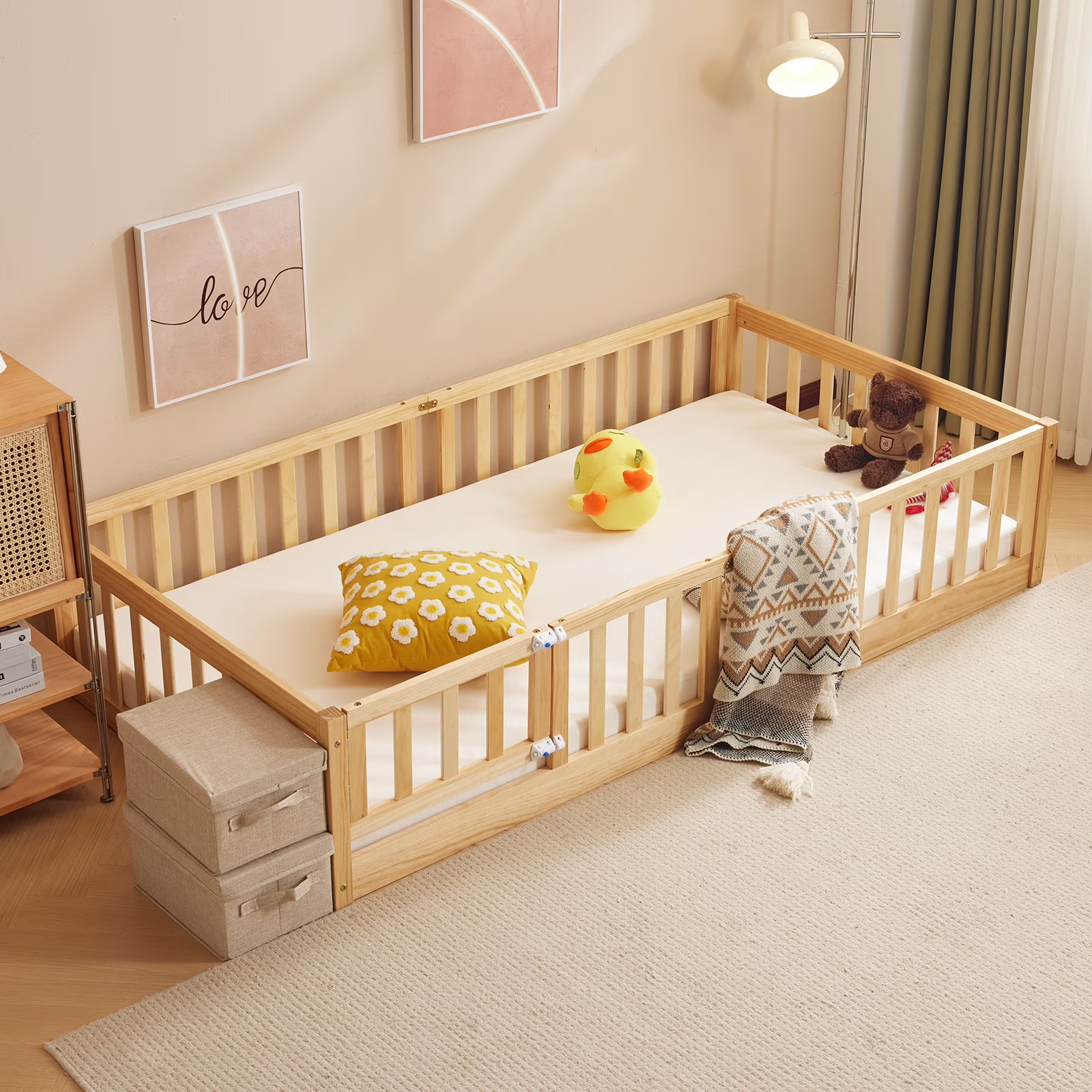 Zimtown Montessori Floor Bed Frame, Full Size Kids Toddler Bed with Fence and Door, Wooden Platform Bed, White - Image 4