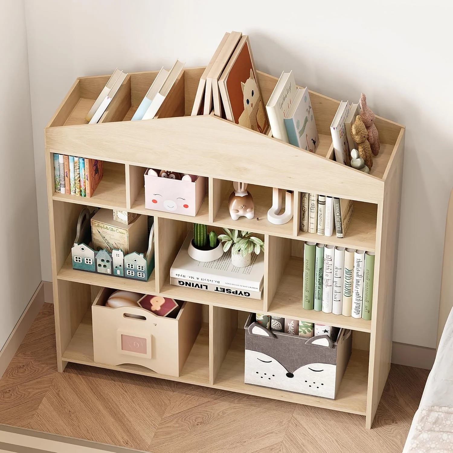 DSstyles Kids Bookshelf 9-Cubby Toy Storage Organizer White Bookcase Toddlers Playhouse Cabinet Shelf for Boys Girls Wooden Storage Toy Shelf for Playroom, Nursery, Kids Room - Image 21