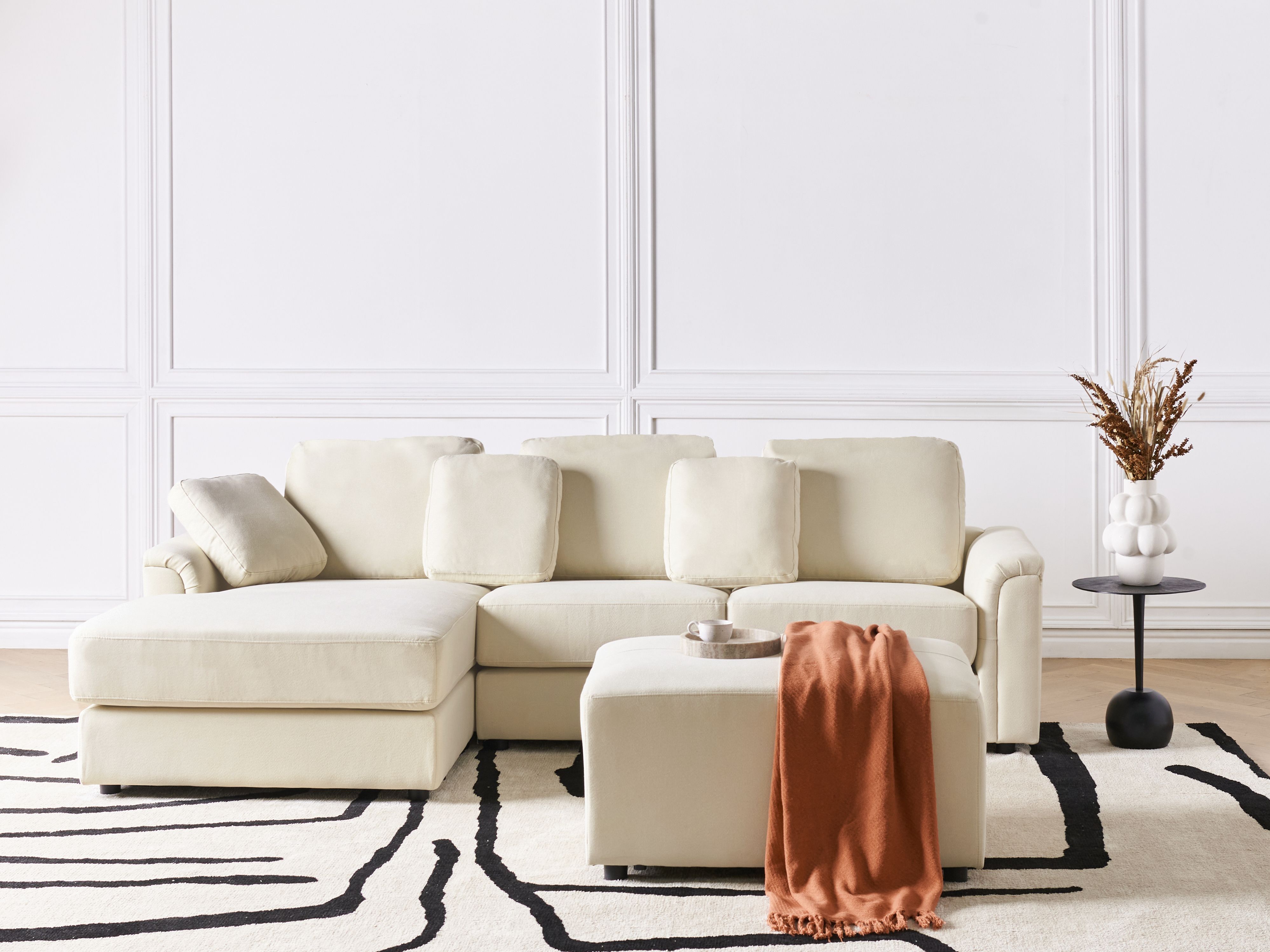 Corner Sofa 4 Seater KOHLO Fabric Light Beige with Ottoman Right Hand