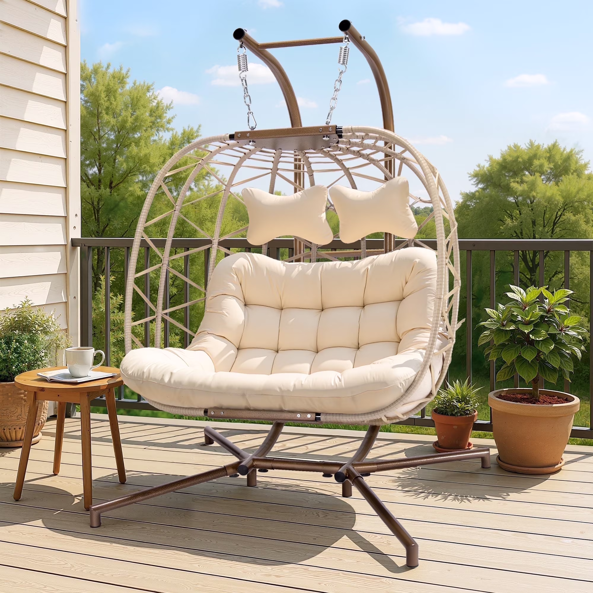 RADIATA Double Wicker Egg Swing Chair with Stand, 2-Person Hanging Egg Chair for Indoor/Outdoor, 700lbs Capacity, Thick Cushions & Headrest,Sturdy Metal Frame��Dark Gray - Image 7
