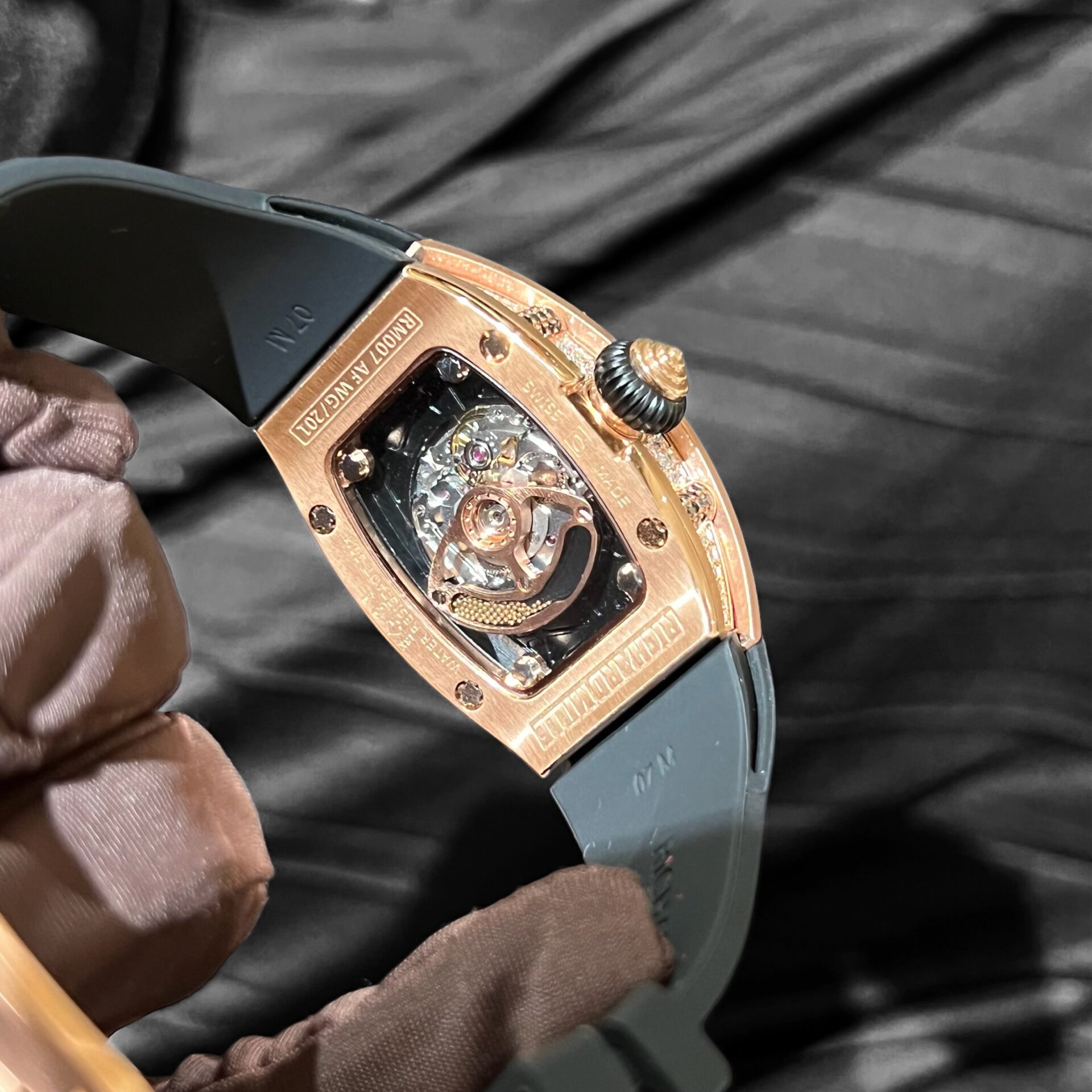 Richard Mille RM007 Replica Watch Rose Gold Wrapped With Full Natural Diamond 36mm - Top club