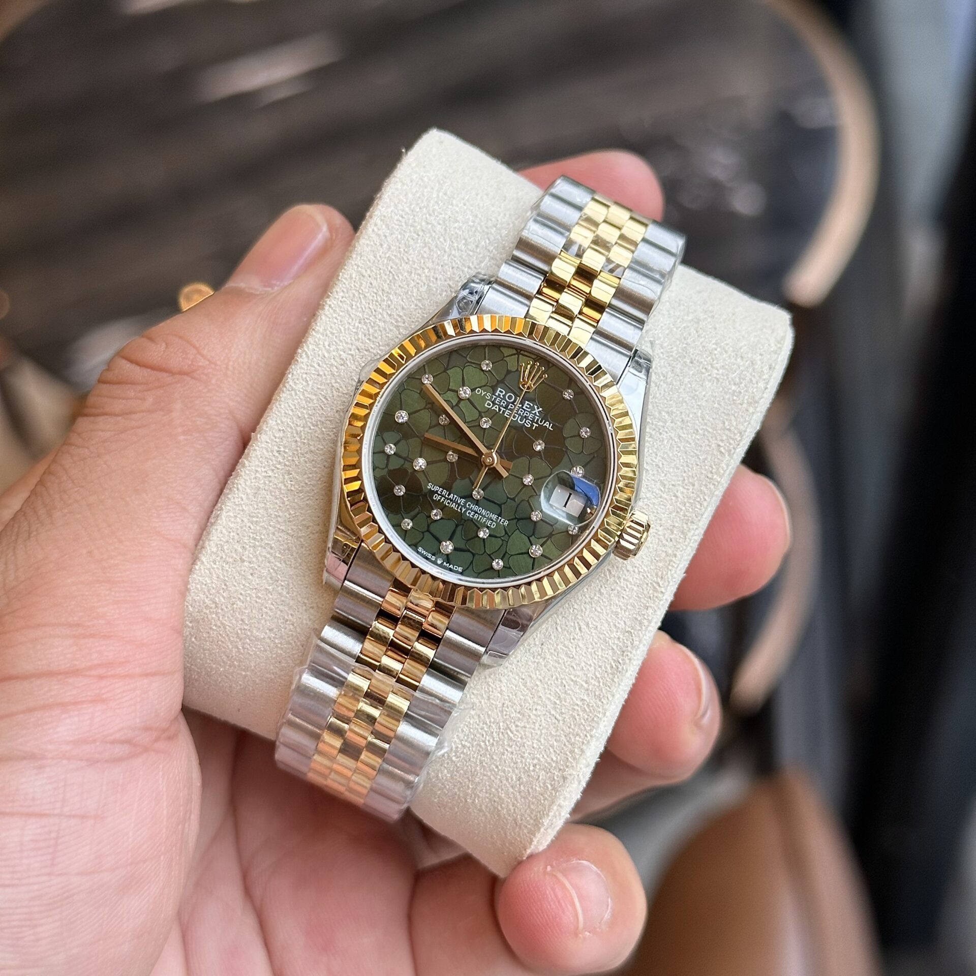 Rolex DateJust Replica Watch Demi Gold Green Leaf Dial 31mm - Elite Watch Atelier