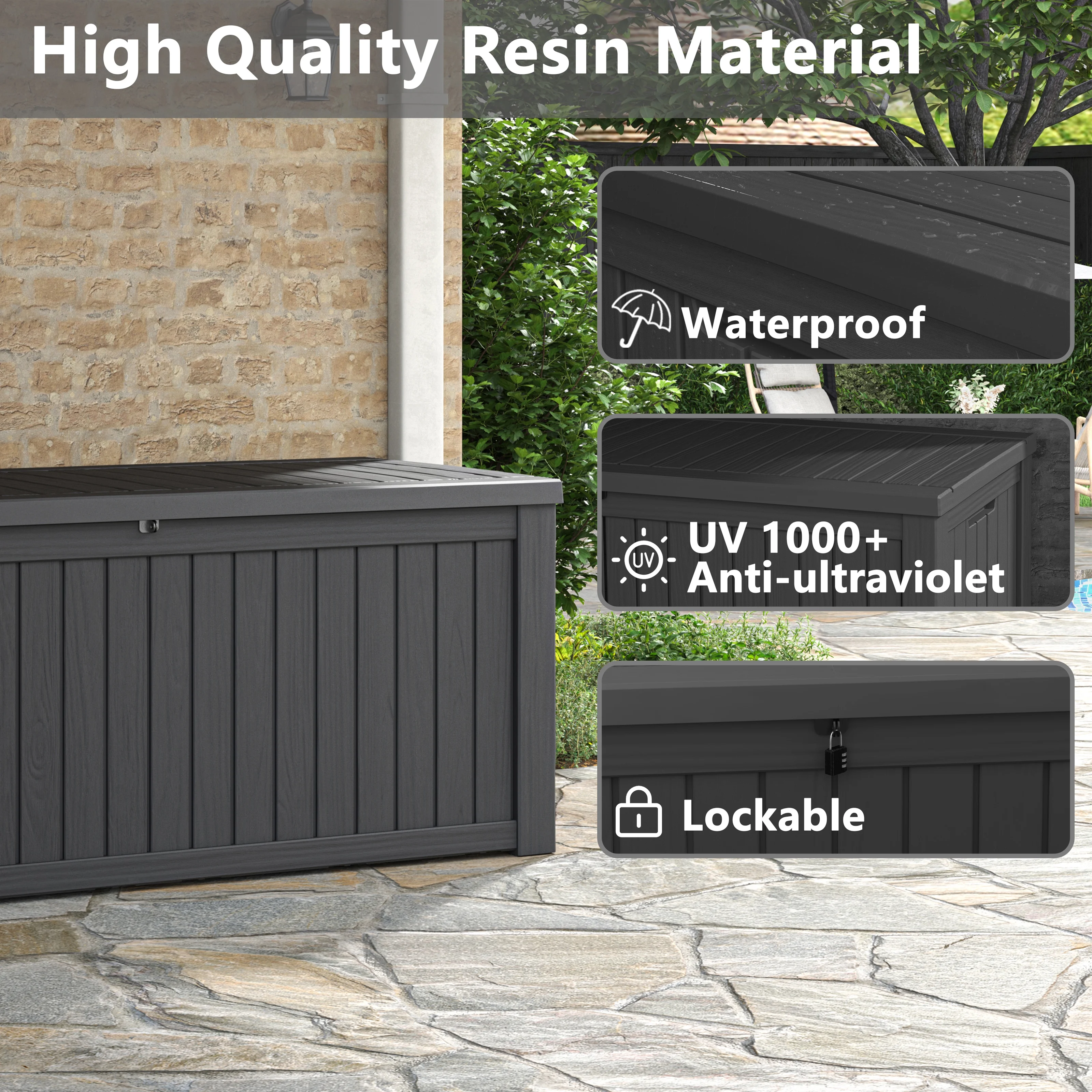 LHBcraft 150 Gallon Deck Box, Outdoor Storage Box, Large Waterproof Resin Indoor Storage Box with Built-in Steel Beams for Patio, Cushions, Pool Supplies