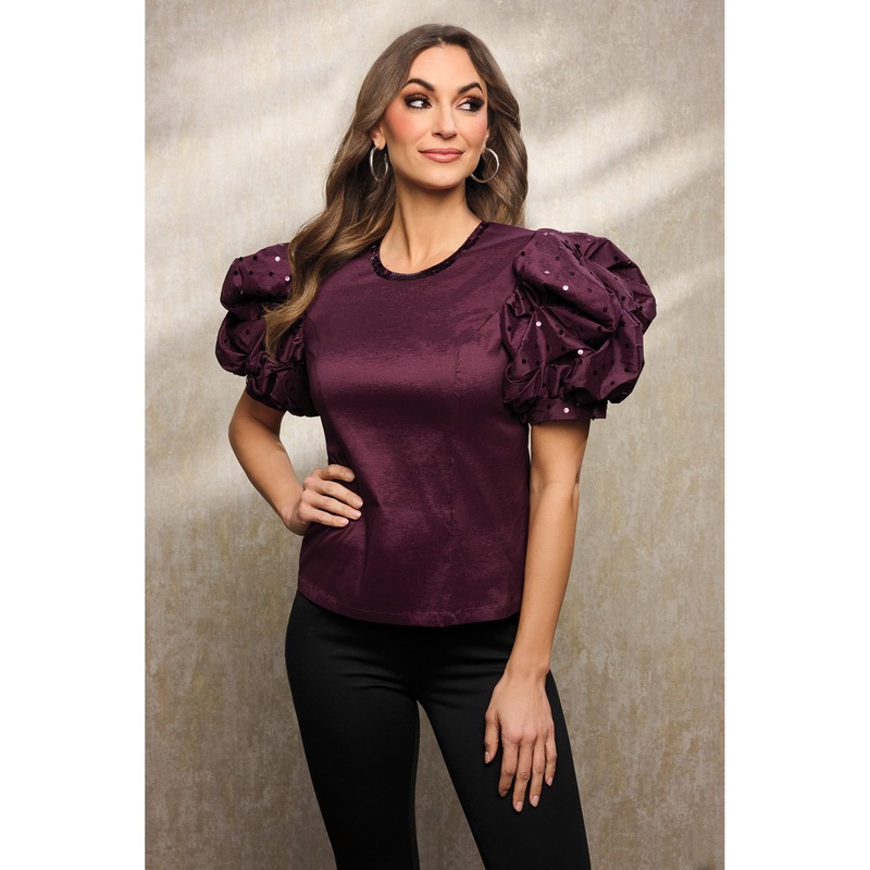 Vada Puff-Sleeve Blouse in Stretch Taffeta with Sequin Accents - MIDNIGHT VELVET CATALOG