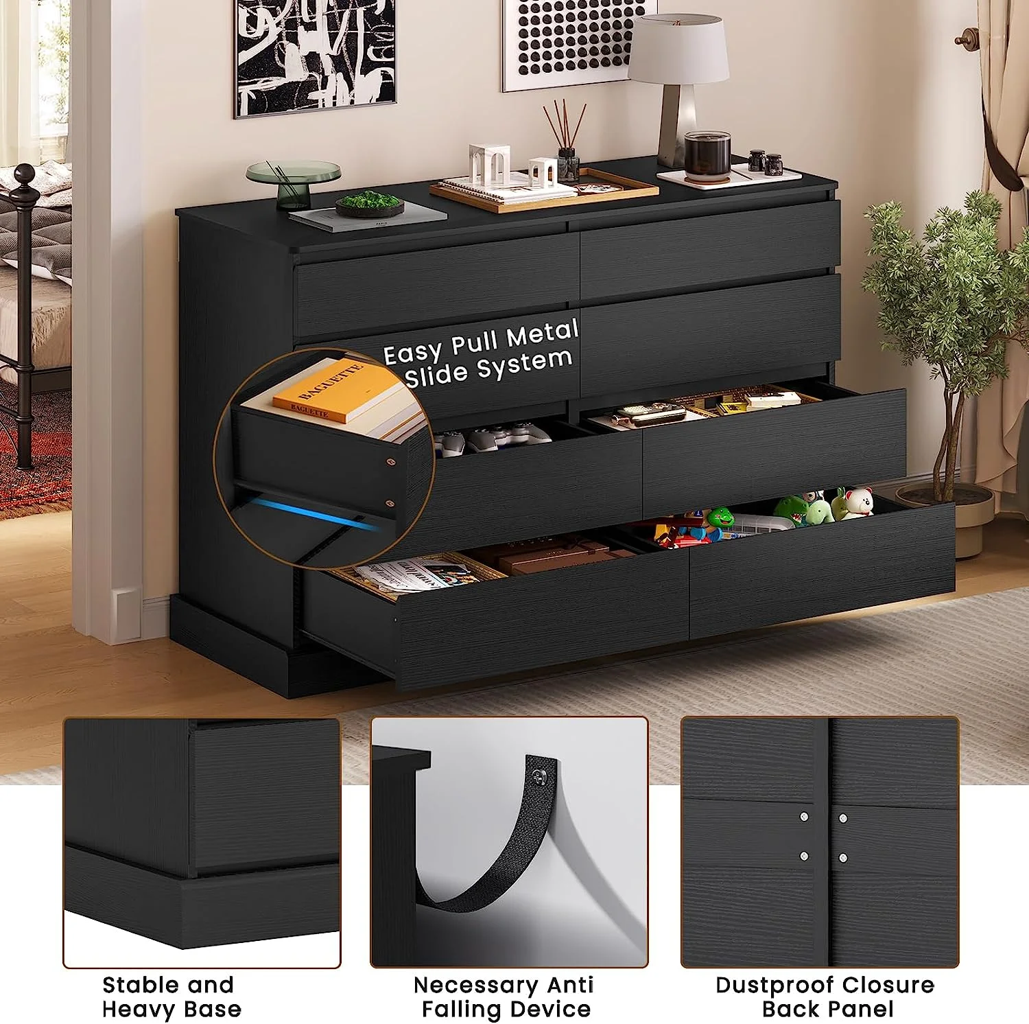 8 Drawers Double Dresser Wooden Black Chest of Drawers for Bedroom, Large Storage Cabinet for Home Living Room - Image 7