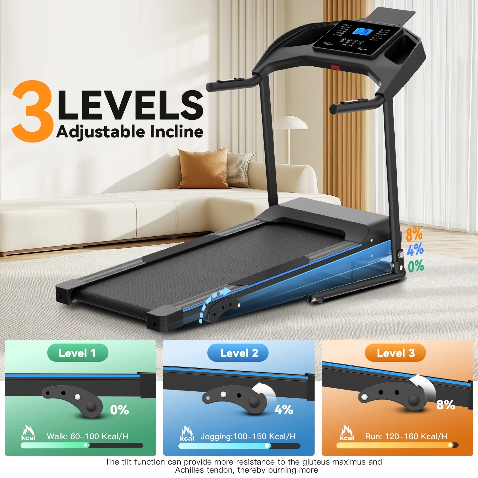 Treadmill with 8% Incline, 3.0 HP Foldable Compact Treadmill with Sit-up Function, 300 lbs Walking Running Treadmill with LCD Display for Exercise, 12 Programs - Image 15