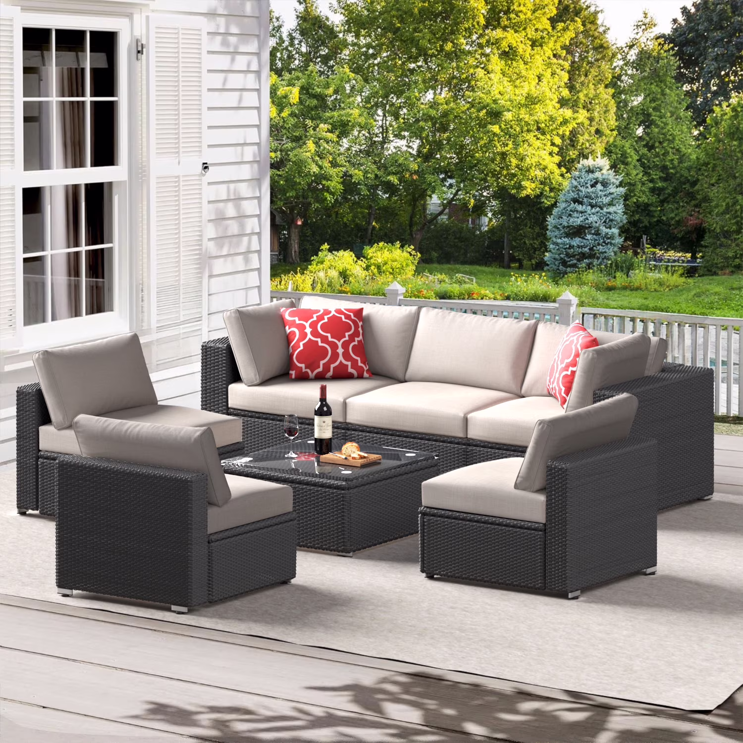 7 Piece Patio Furniture Sets Outdoor Sectional PE Rattan Outdoor Furniture Patio Conversation Set with Cushions and Glass Coffee Table, for Balcony Lawn and Garden, Gray - Image 5
