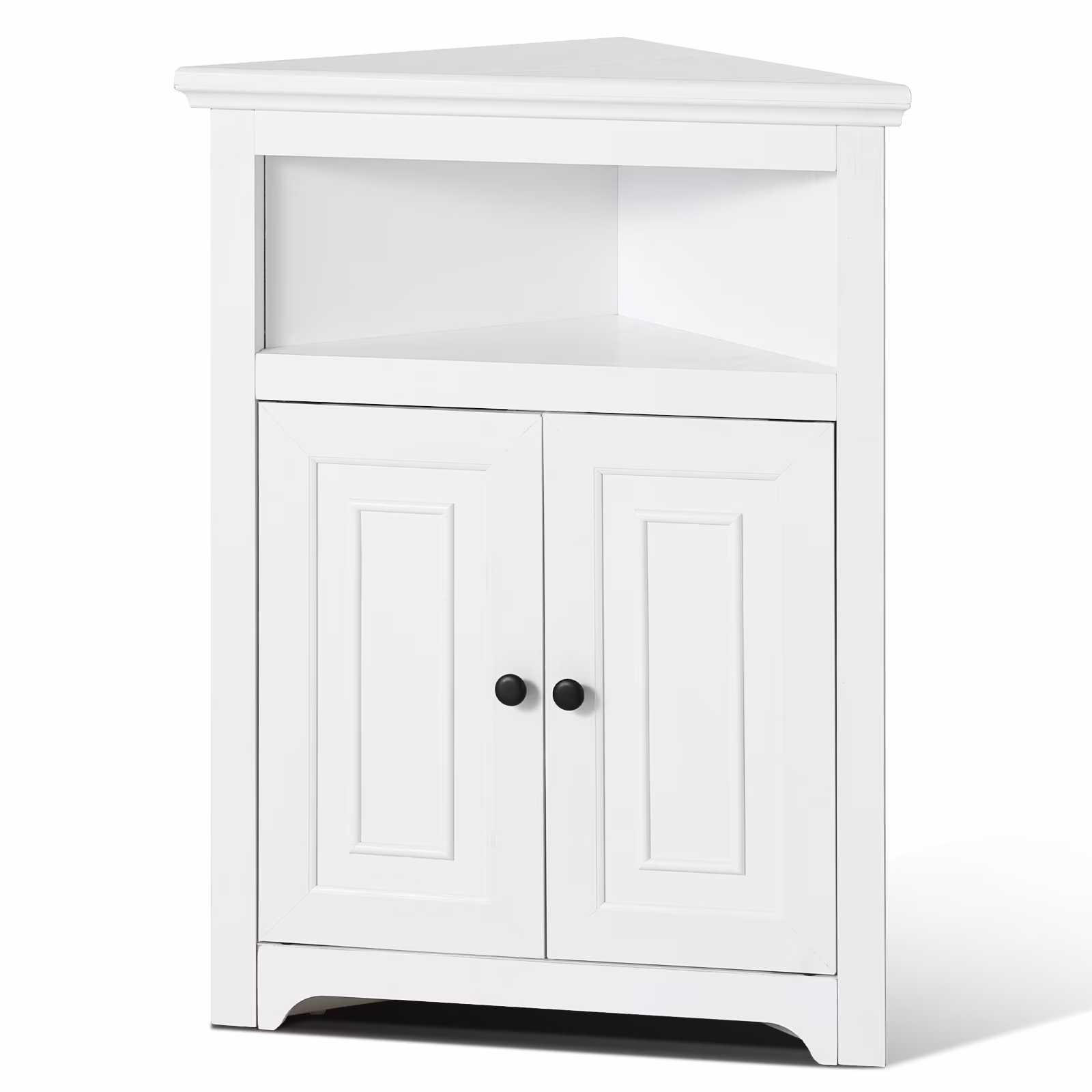 KFFKFF 32" Corner Utility Cabinet, Tri-Level Compact Storage Unit with Dual Wooden Doors & Flexible Shelving, Independent Corner Cabinet for Lounge, Kitchen, Laundry Area, Restroom, in White