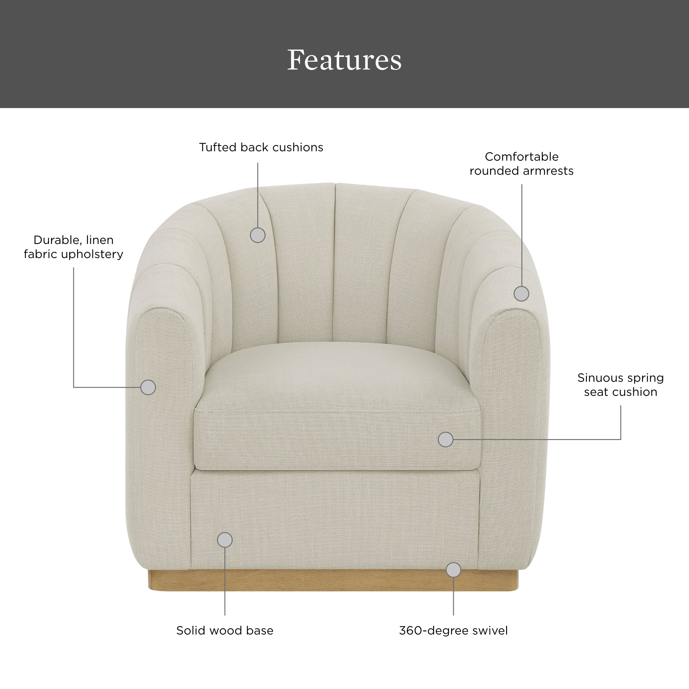 Better Homes & Gardens Lillian Accent Swivel Chair, Cream Linen - Image 2