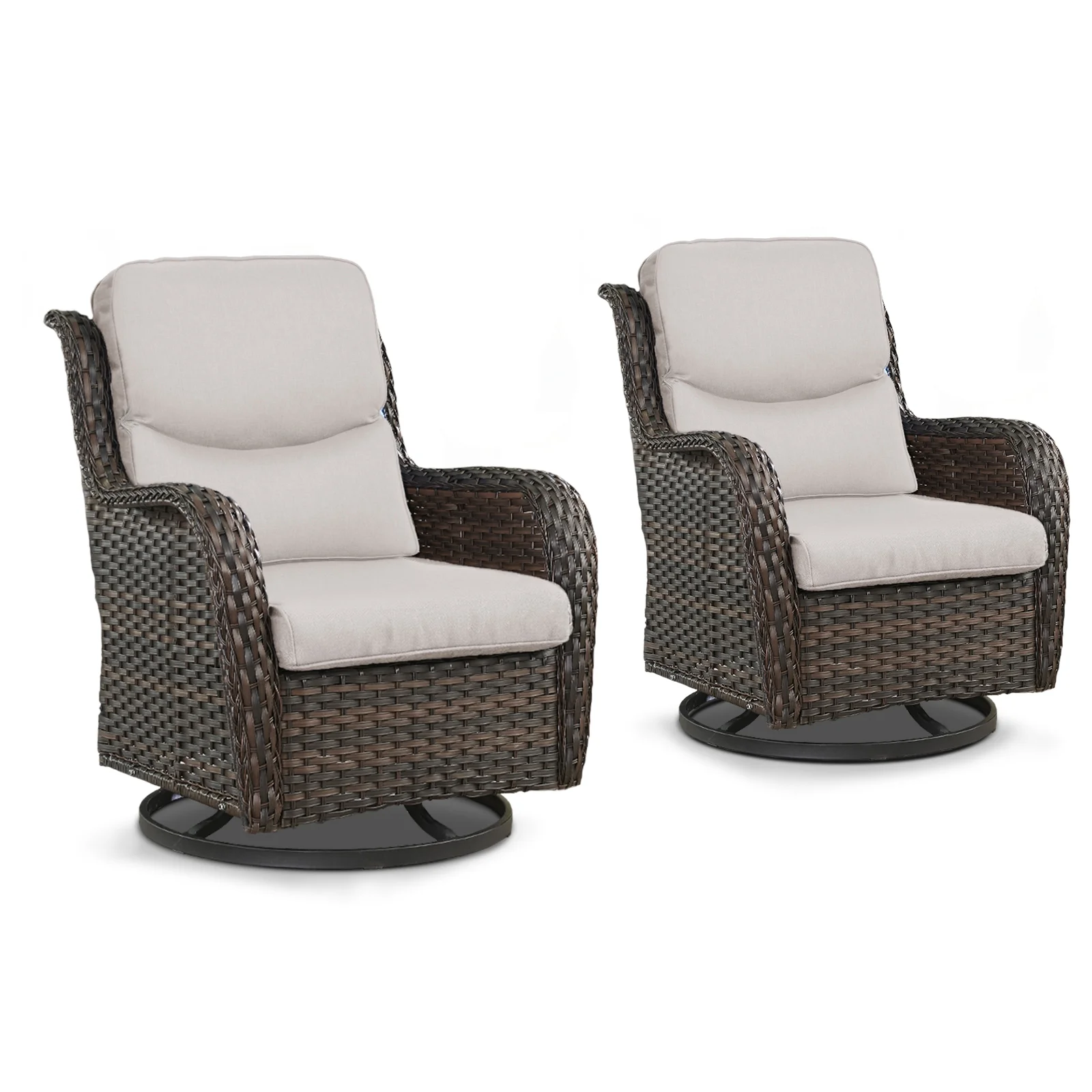 POCASSY Patio Swivel Chairs, Outdoor Wicker Swivel Glider Rocking Chairs with High Back and Thick Cushions for Porch Deck - Set of 2, Beige - Image 4