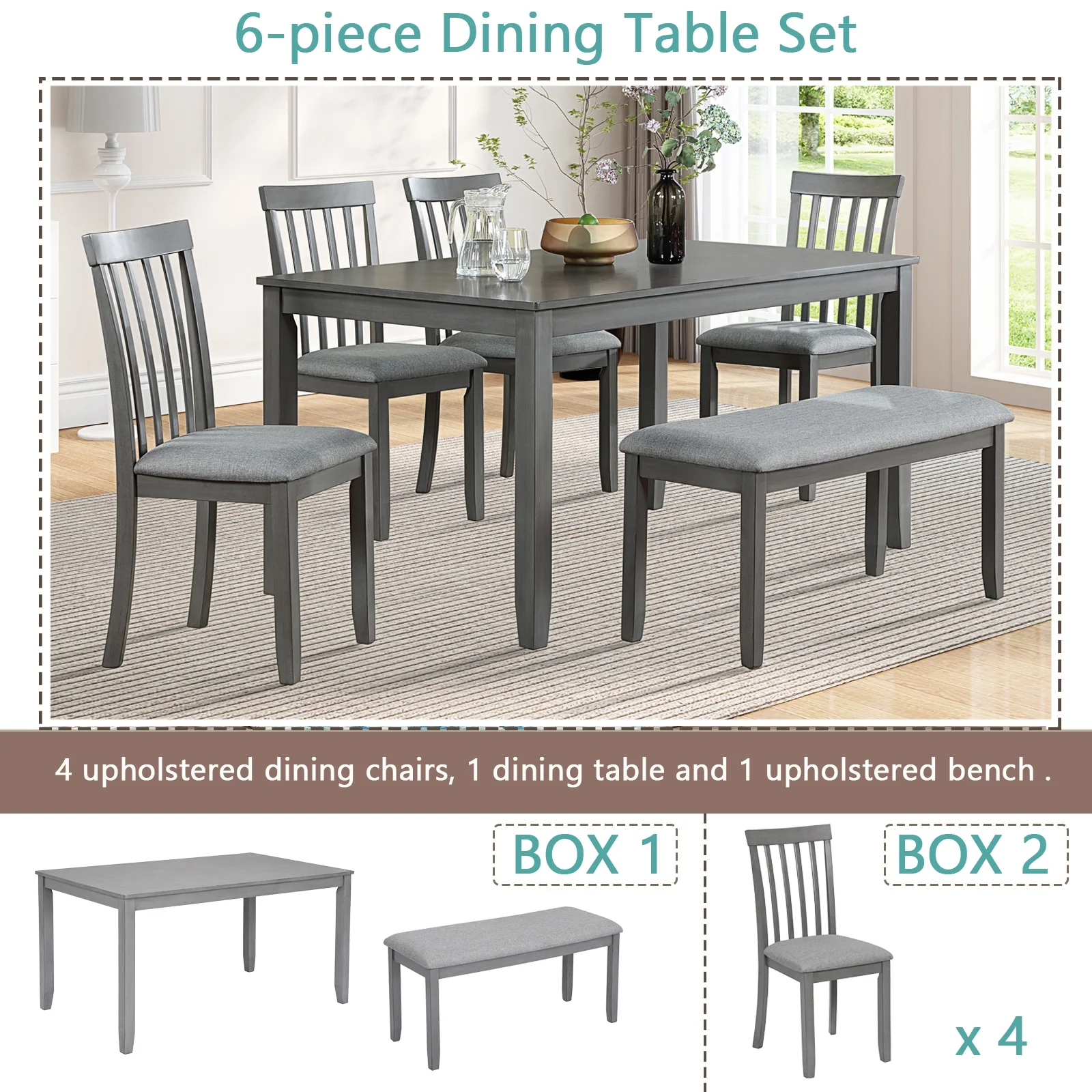 Dining Room Set, LEGAHOME 6 Piece Dining Sets with Bench and Chairs, Solid Wood Kitchen Dining Table Set for 6 with Upholstered Chairs, Gray - Image 24