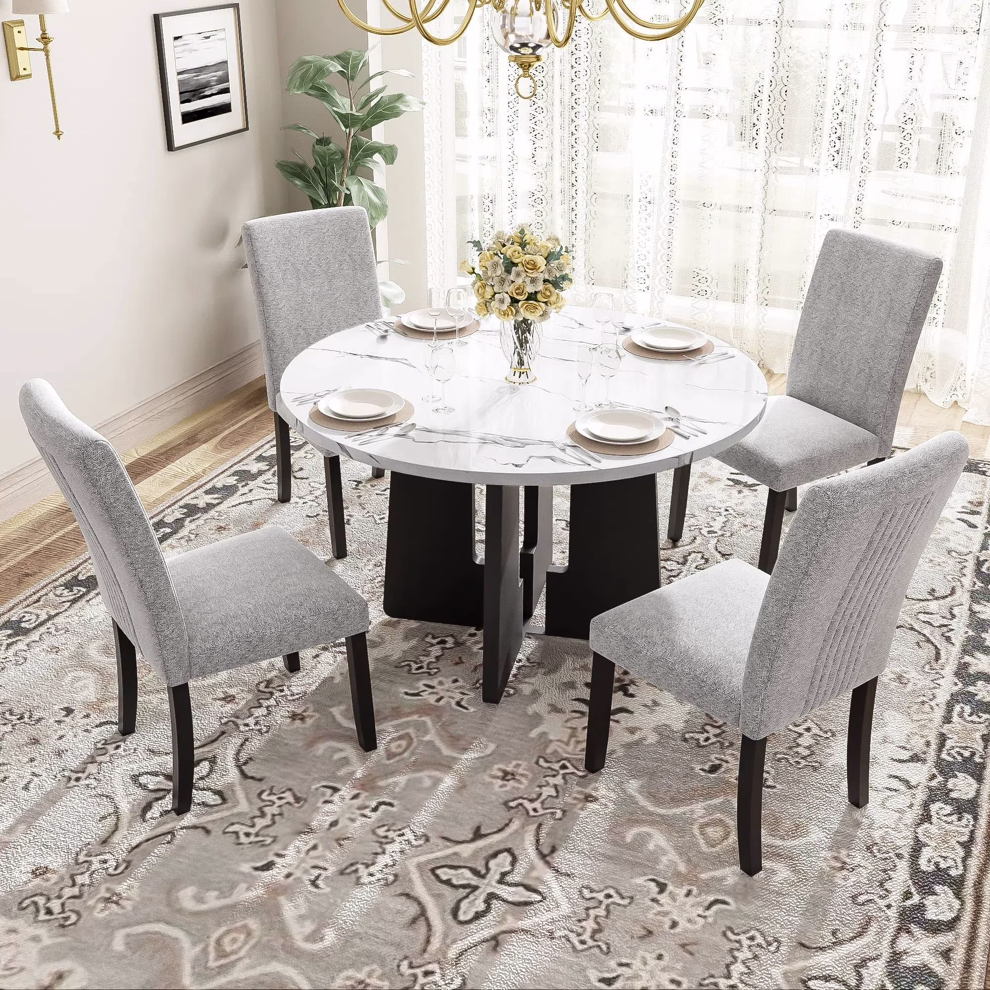 EUROCO 5-Piece Round Dining Table Set for 4, 43.3'' Kitchen Room Table with 4 Upholstered Chairs and Solid Wood Frame,Kitchen Table Set for Home Living Dining Room, Grey & Black - Image 5
