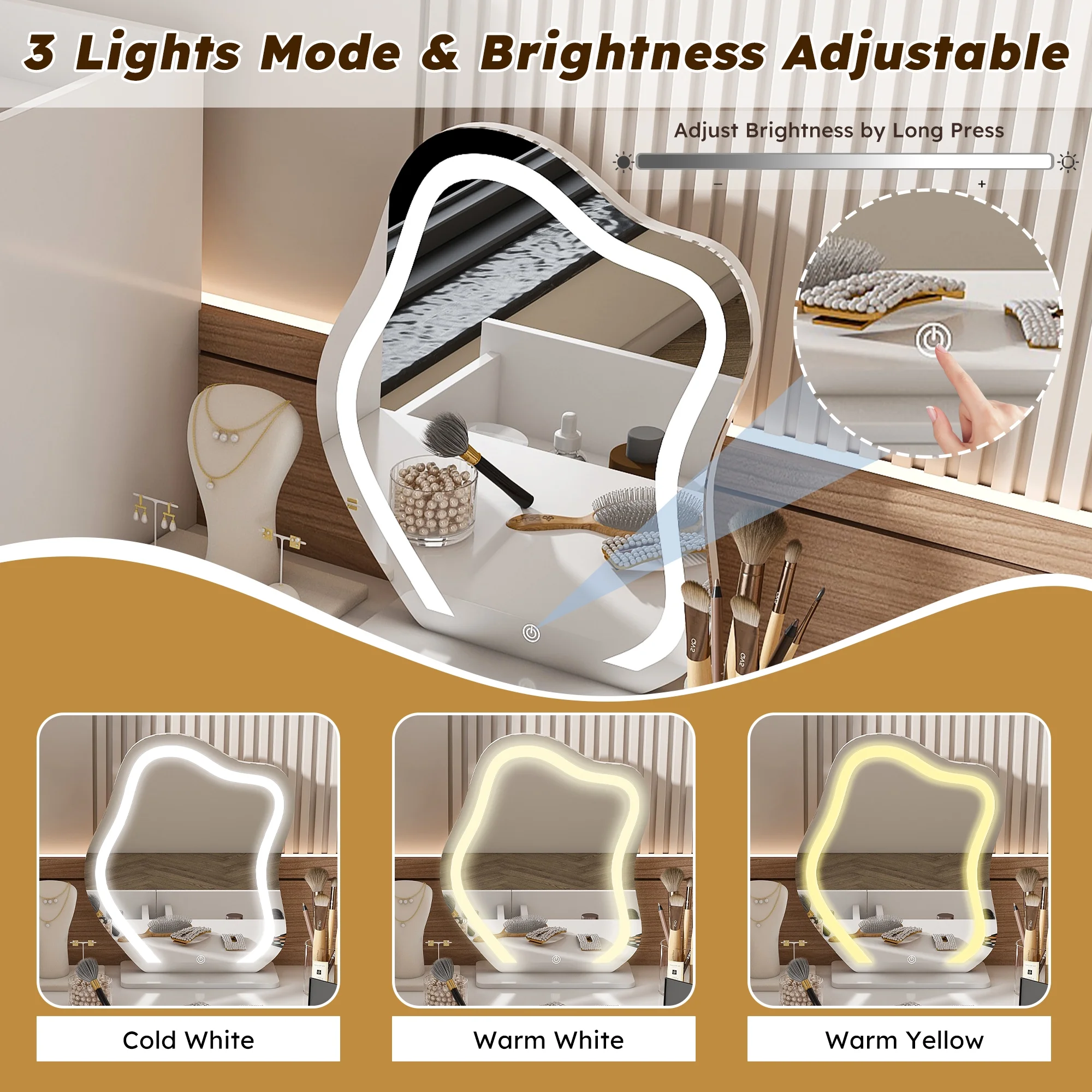 Montary Modern Mini Vanity w/Adjustable LED Mirror + Hidden Storage, Padded Stool & Dustproof Shelves (White) - Image 27