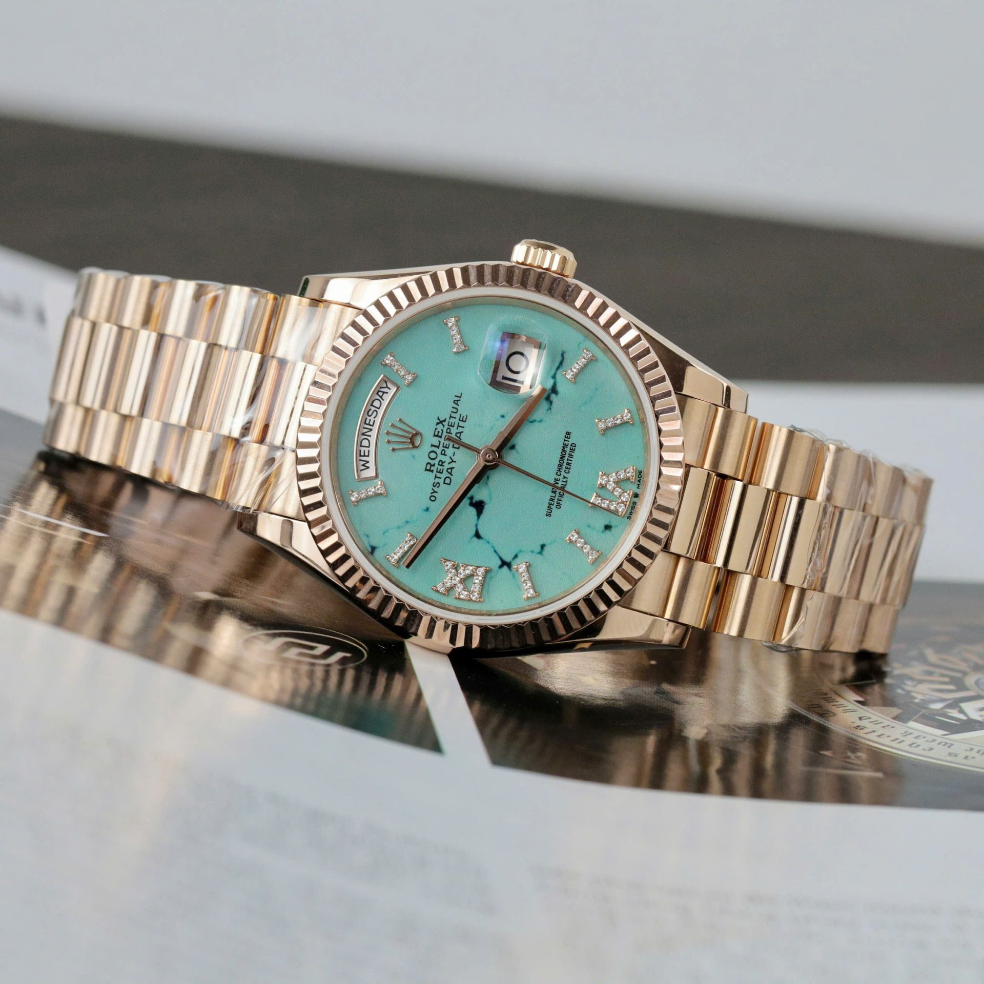 Rolex Best Replica Watch Day-Date 128238 Dial Turquoise Gold Wrapped 36mm - Elite Watch Atelier