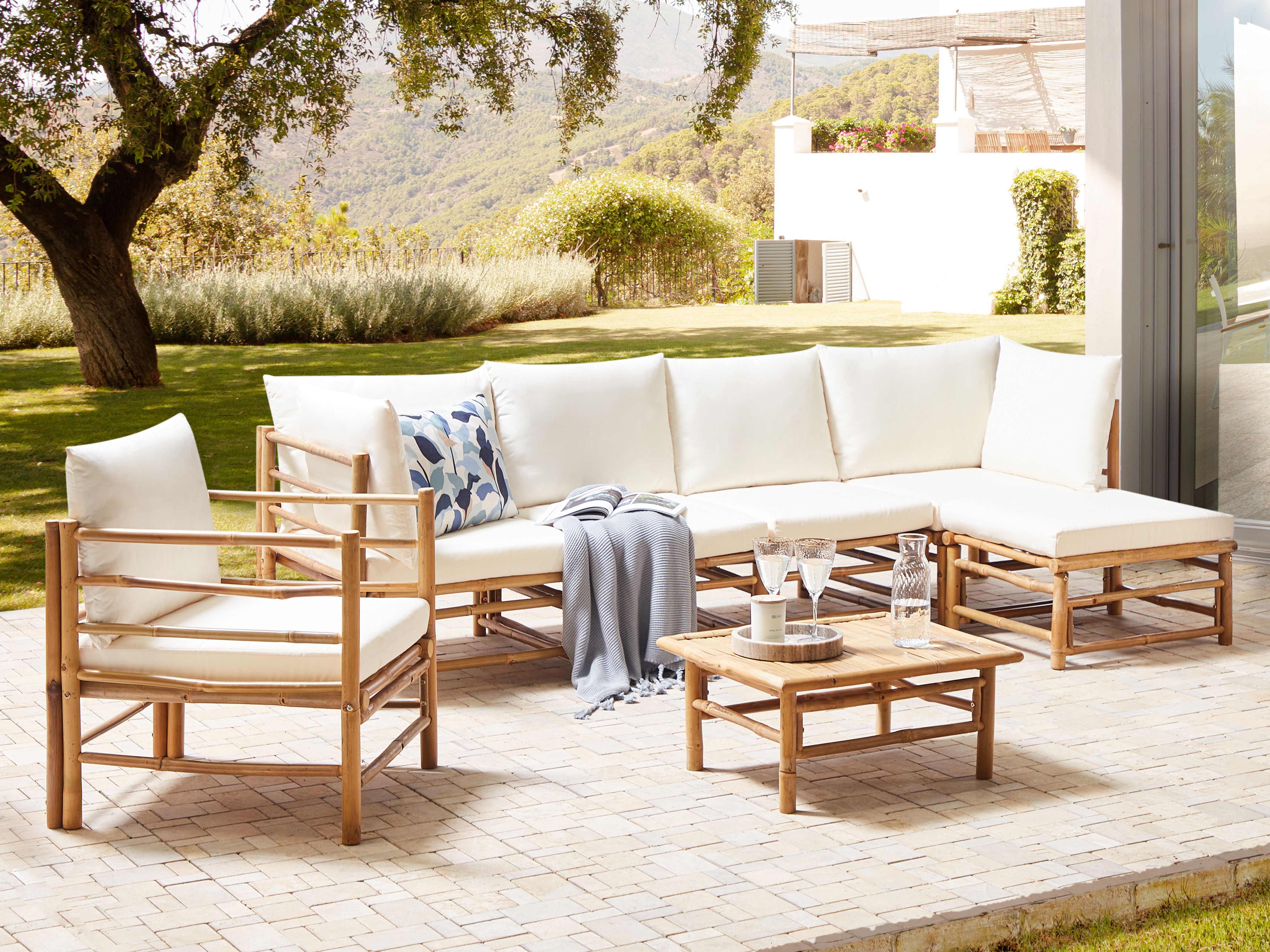 Garden Lounge Set with Table 6 Seater CERRETO Left Hand Bamboo Off-White