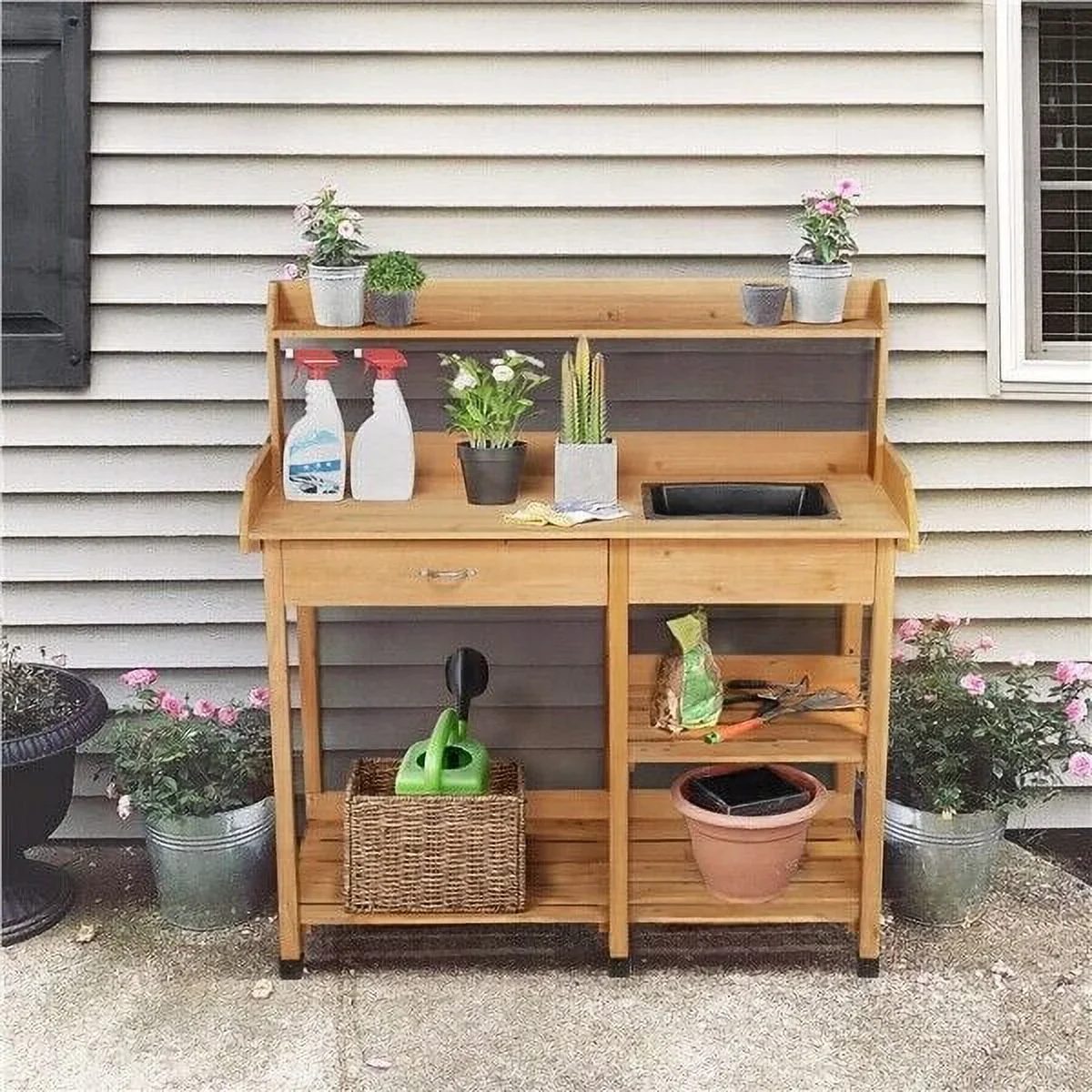 Veado Potting Bench With Sink, Drawer, Rack And Shelves, 45.2 x 17.7 x 47.6 in - Natural Wood - Image 4 Veado Potting Bench With Sink, Drawer, Rack And Shelves, 45.2 x 17.7 x 47.6 in - Natural Wood - Image 4