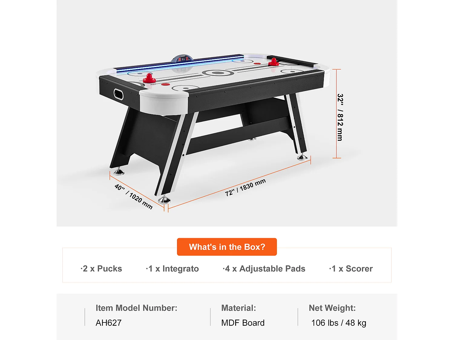 Table de Billard, SucceBuy Table d'Air Hockey 183 cm avec Score LED, Palets et Poussoirs Inclus