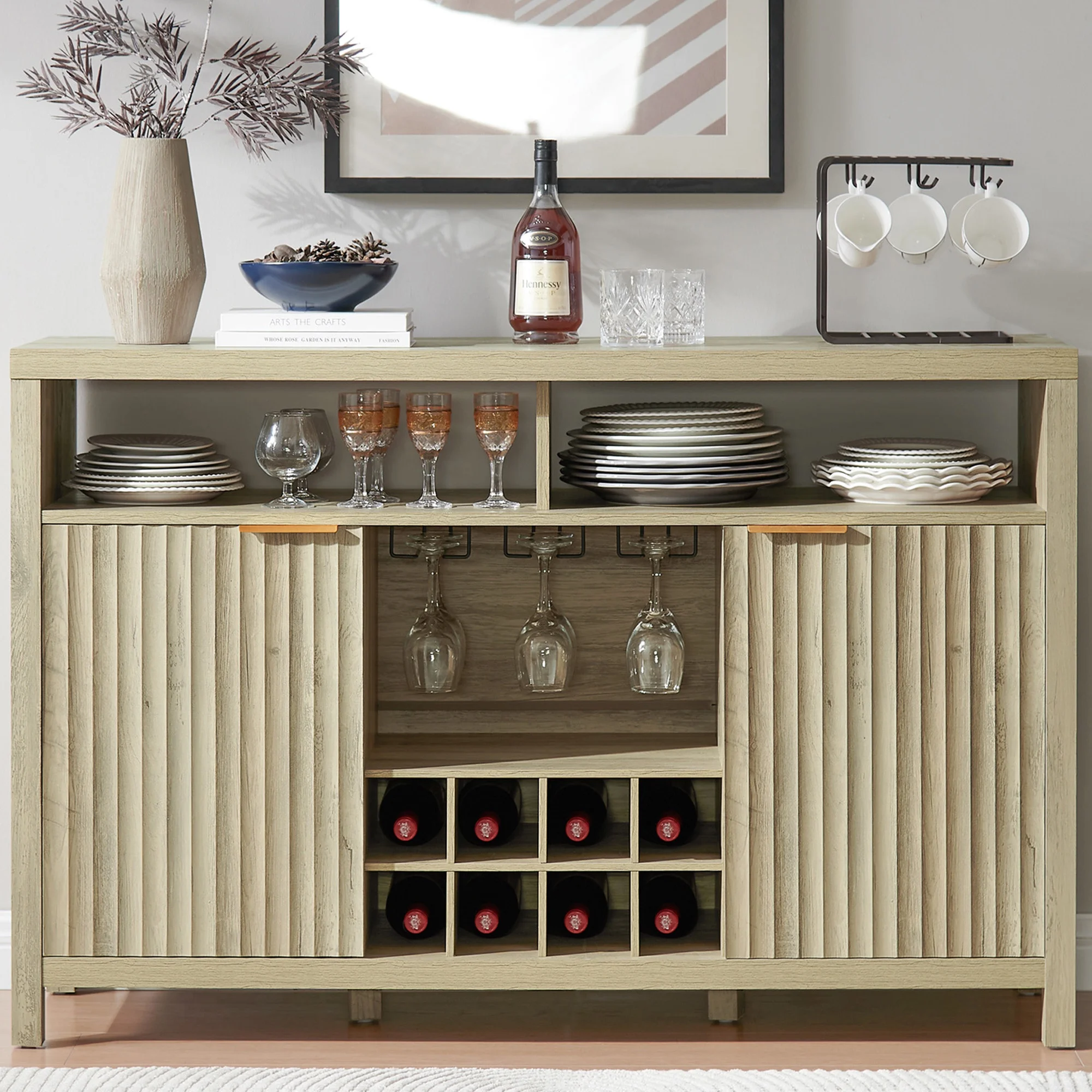 OAKHAM Bar Cabinet with Wine Rack, Wine Bar Buffet Cabinet with Storage, Liquor Bar Buffet Sideboard, Sunwashed Ash Oak