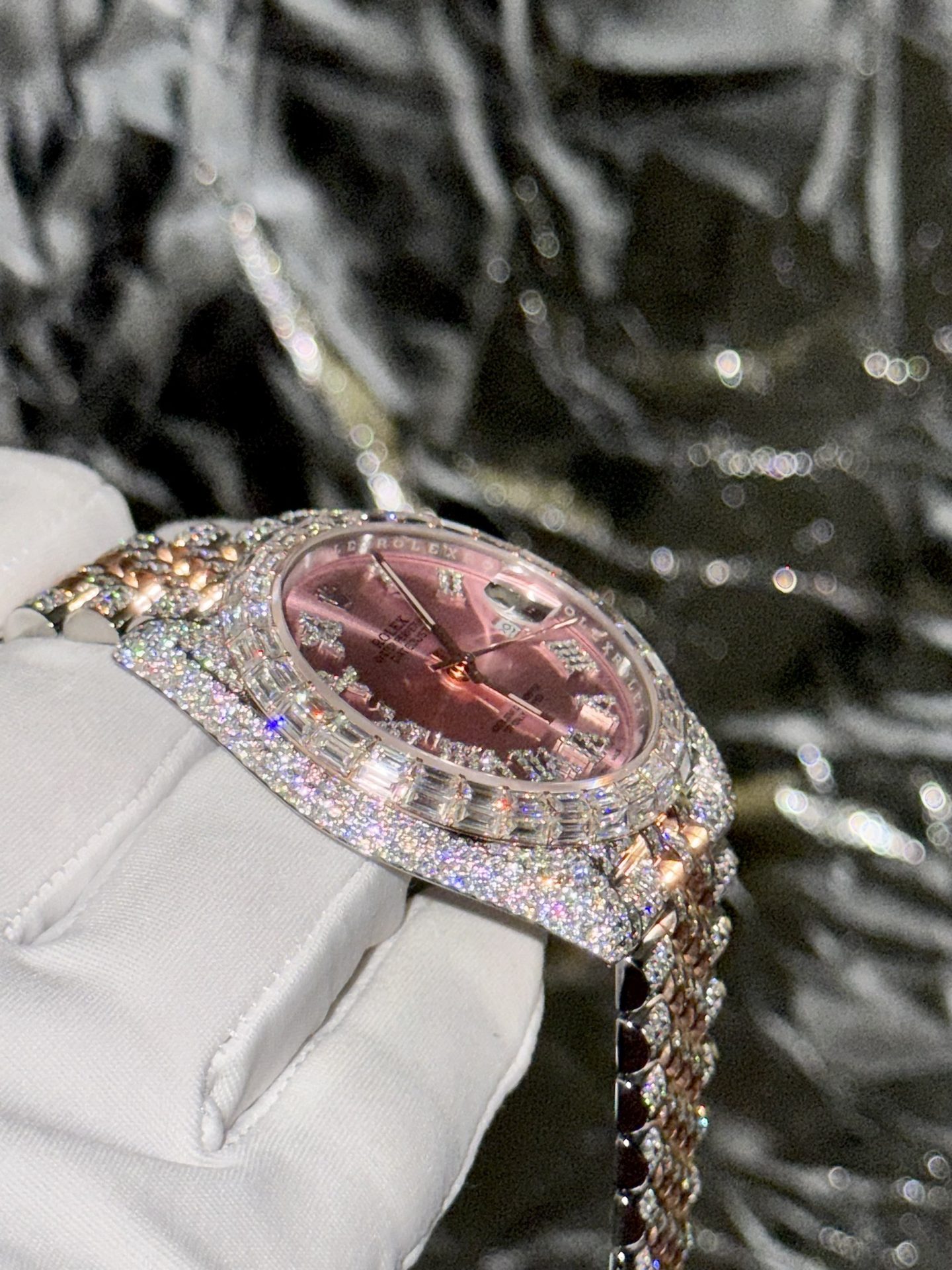 Rolex Replica Watch DateJust With Full Moissanite Diamond Pink Dial 41mm - Elite Watch Atelier