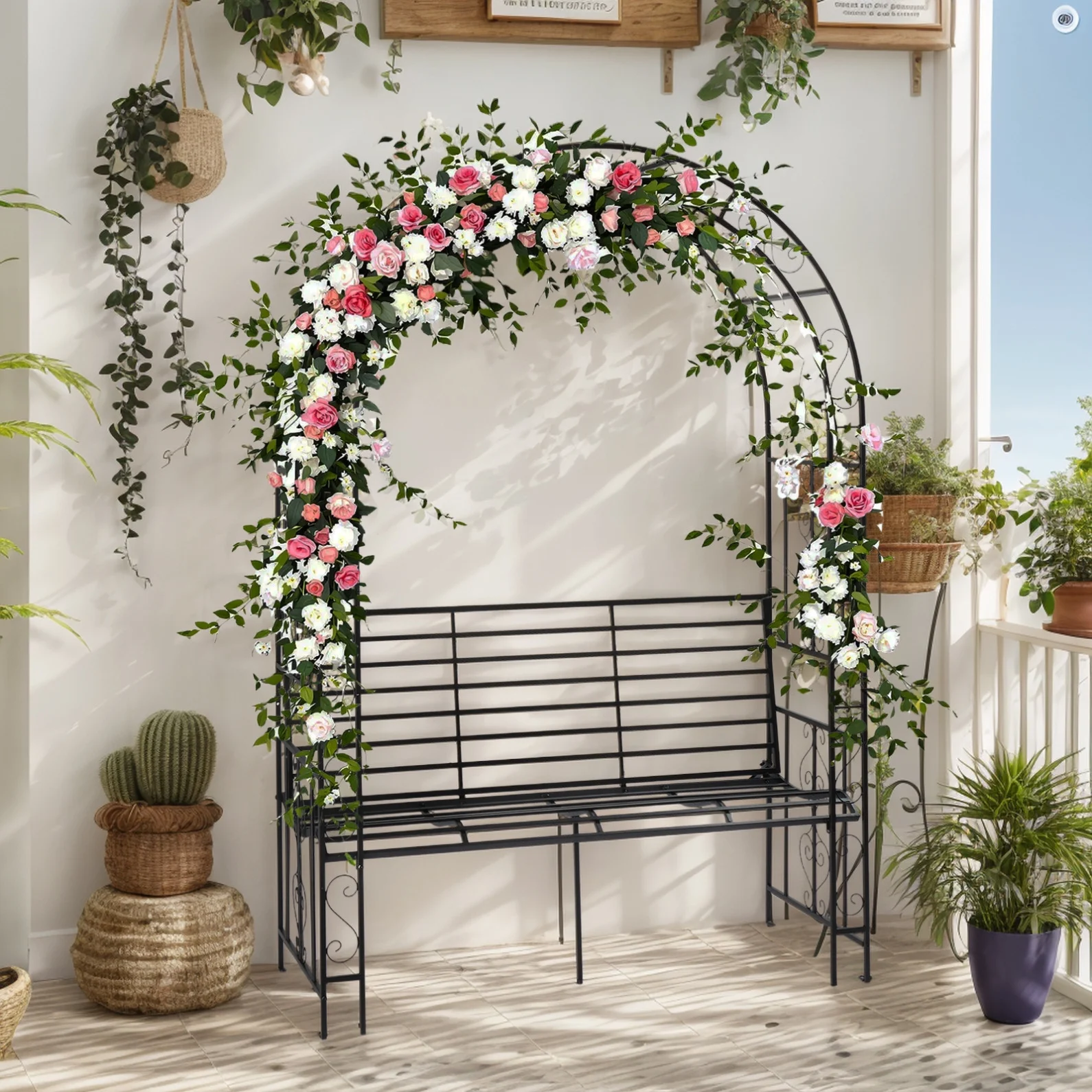 Garden Arch with 2-Person Bench, Heavy Duty Metal Garden Arbor Archway Trellis for Climbing Plants, Outdoor Wedding Arches Patio Trellis Pergola for Ceremony Party Lawn Backyard