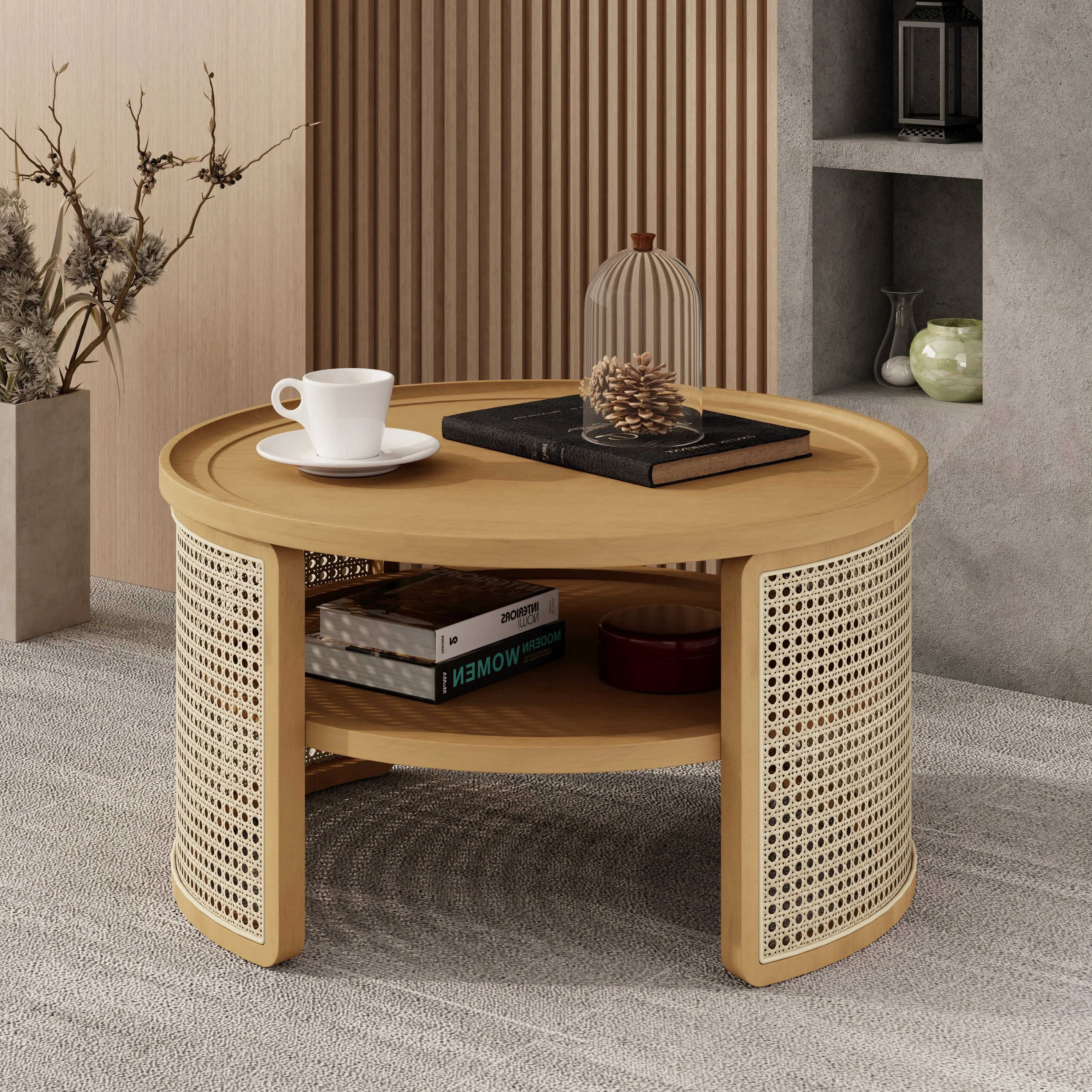Harper & Bright Designs Rattan Round Coffee Table with Storage Shelf, Round Cane Wood Center Table for Living Room, 37'' Brown - Image 44
