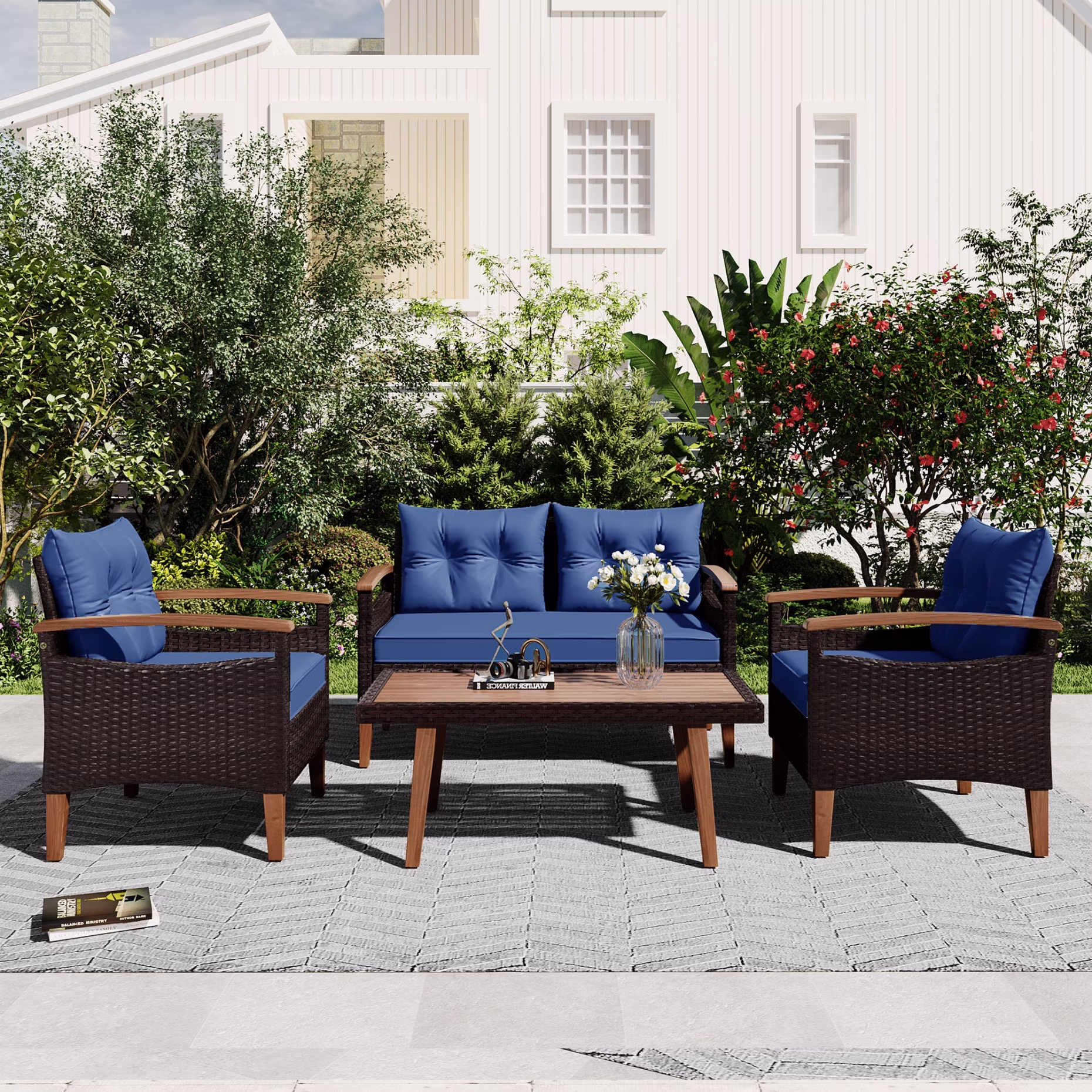 4 Piece Garden Furniture Set, Patio Seating Set with Wood Table, PE Rattan Sofa and 2 Chairs, Outdoor Conversation Set with Table Cover, Pillows and Adjustable Feet, Brown+Beige - Image 3